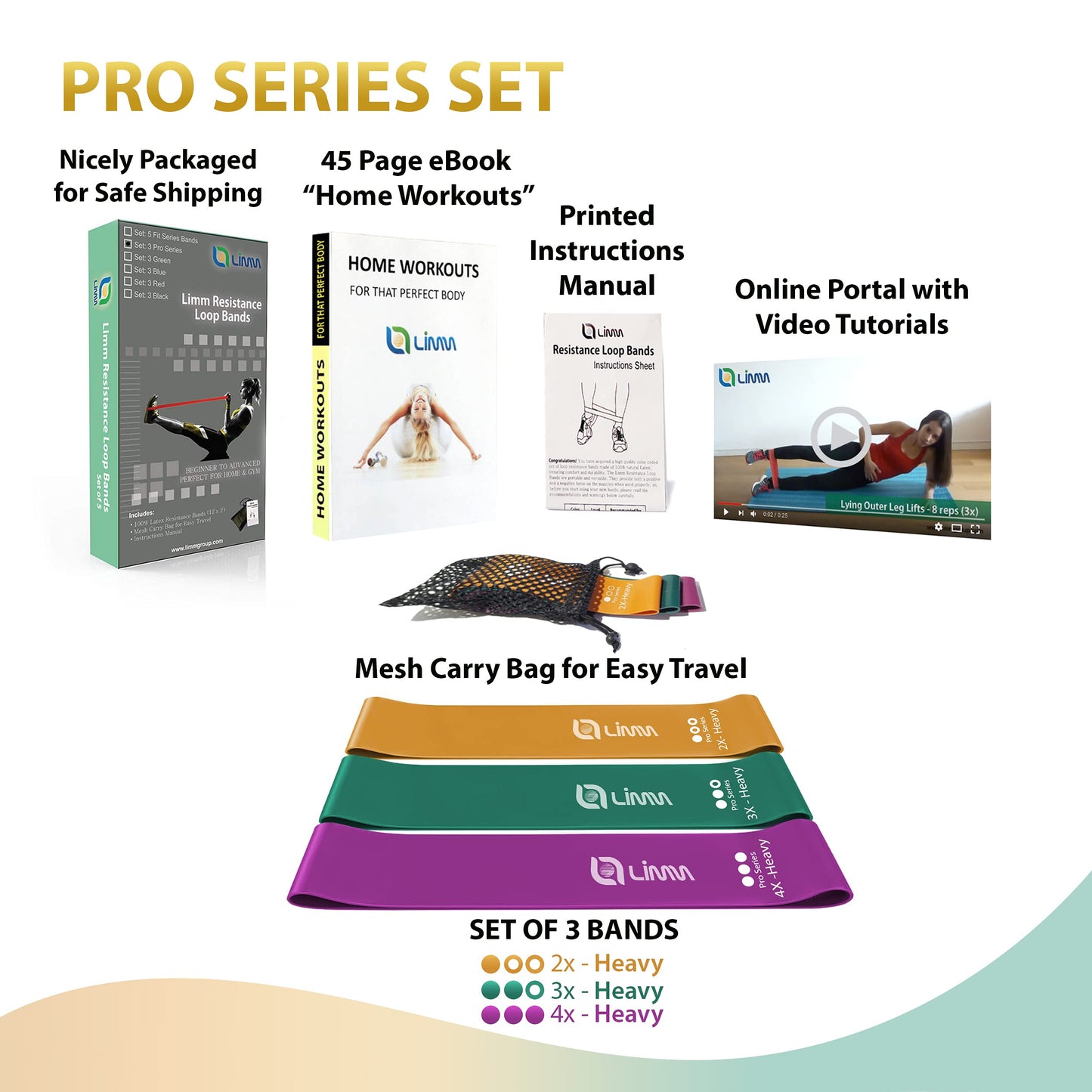 Limm Resistance Loop Exercise Bands - Set of 3 Bands for Working Out with Instruction Guide & Carry Bag - Mini Resistance Bands for Home Workouts, 12" x 2"