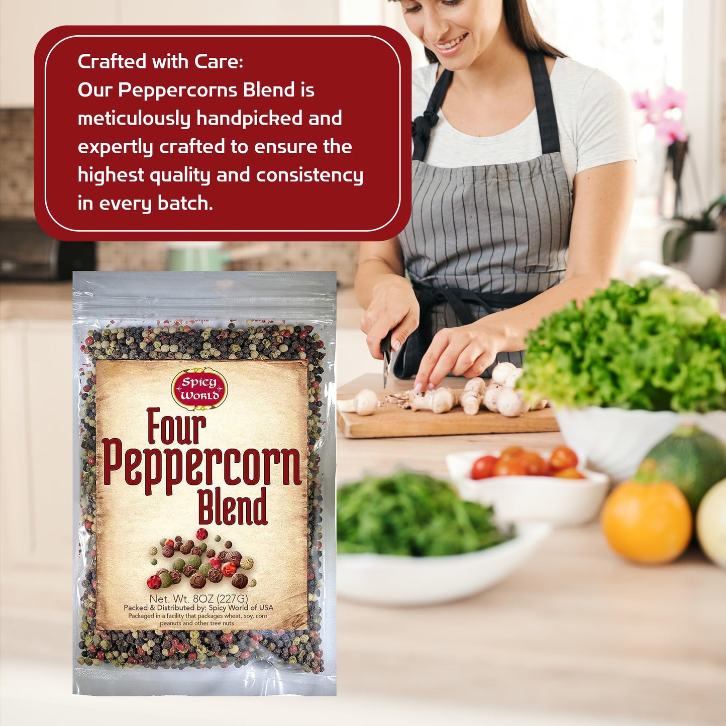 Spicy World Four Peppercorn Rainbow Blend in Resealable Bag – Perfect Flavor Blend - NON-GMO, Steam Sterilized - Whole Black, Whole Green, Whole White & Whole Pink Peppercorns, 8 Oz