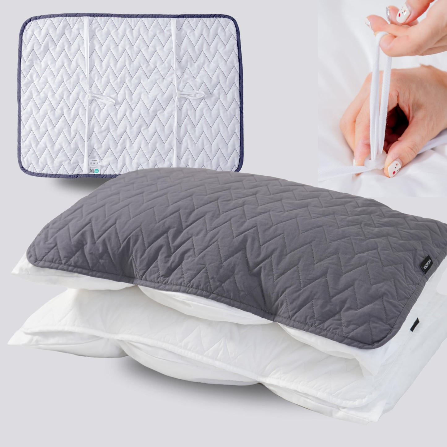 CASADEX 250TC Quilted Cotton Bed Pillow Cover – Adjustable Band, Breathable & Hypoallergenic Pillow Protector – Fits Standard, Queen, Memory Foam & Contour Pillows – No Zipper – White/Dark Gray