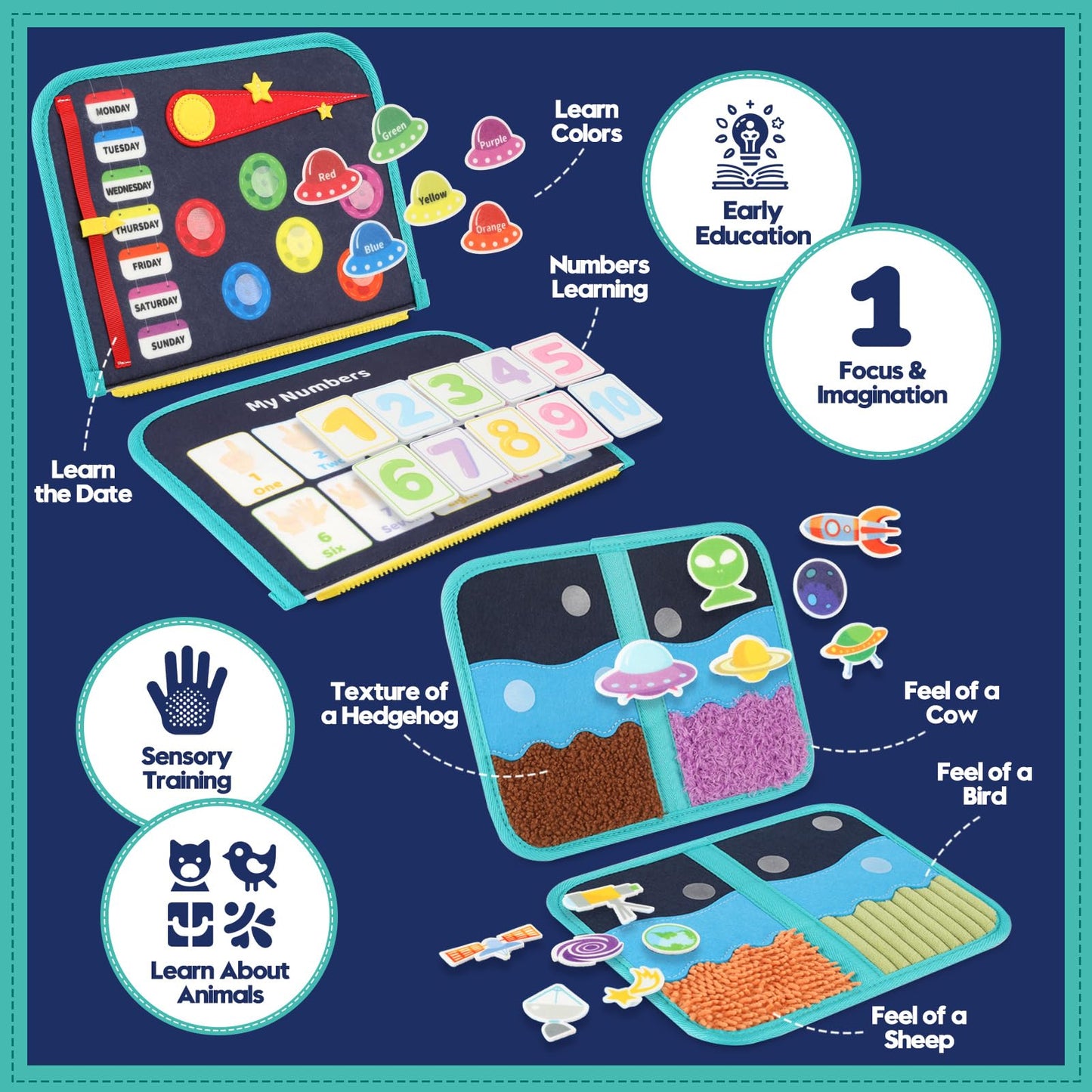 Toddler Sensory Busy Board: Travel Toy Activity Book for Girls Boys, Motor Skill Development Gift for Baby Aged 3-4 Years, Fine Educational Preschool Montessori Learning Toy for Car Airplane Space