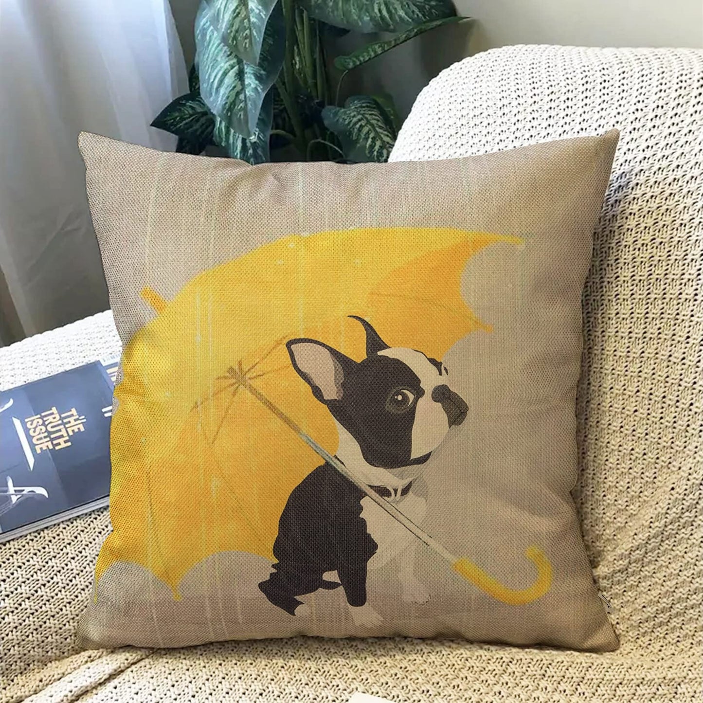 Fjfz Boston Terrier with Yellow Umbrella Dog Lover Decor Gift Cute Funny Decoration Cotton Linen Home Decorative Throw Pillow Case Cushion Cover for Sofa Couch, 18" x 18"