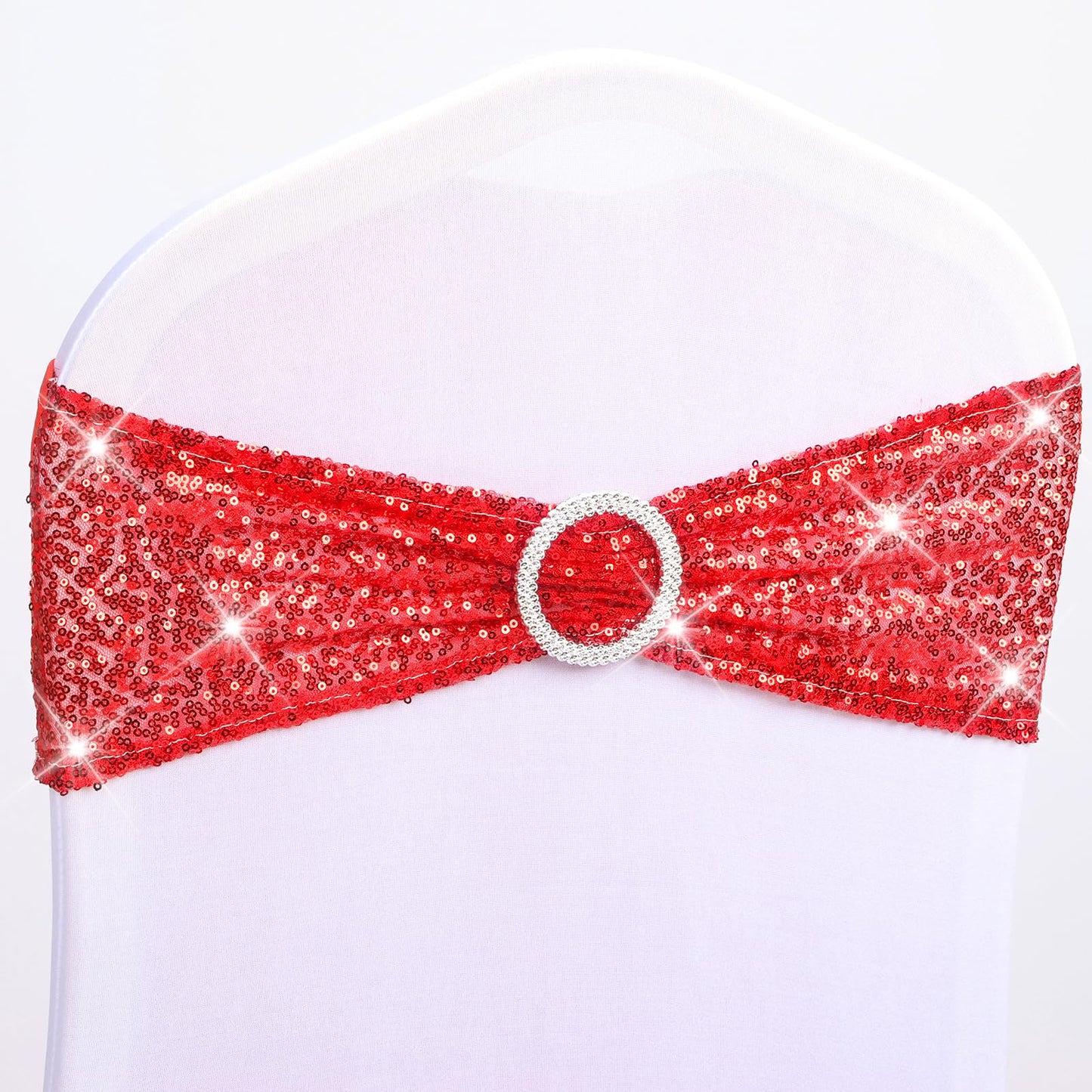 Babenest 10pcs Sequin Chair Sashes with Buckle Slider, One-Sided Sequins Stretchy Spandex Bands, Glitter Elastic Chair Ties for Wedding Party Ceremony Banquet Decorations (Red)