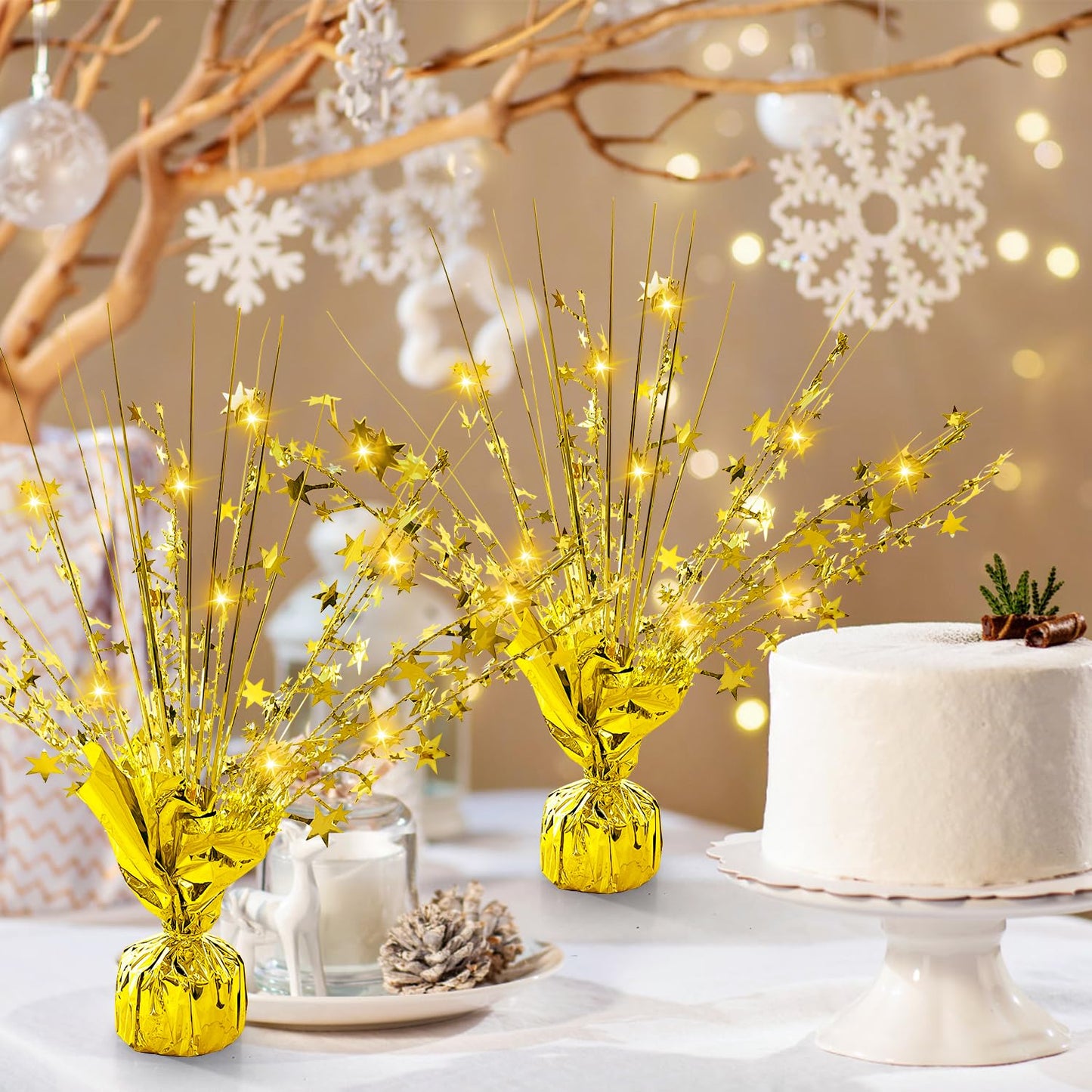 12 Pack Metallic Foil Spray Centerpiece with LED String Lights Star Table Decoration Burst Table Centerpieces for Birthday Graduation Wedding Anniversary Holiday Party Supplies Decor, Gold