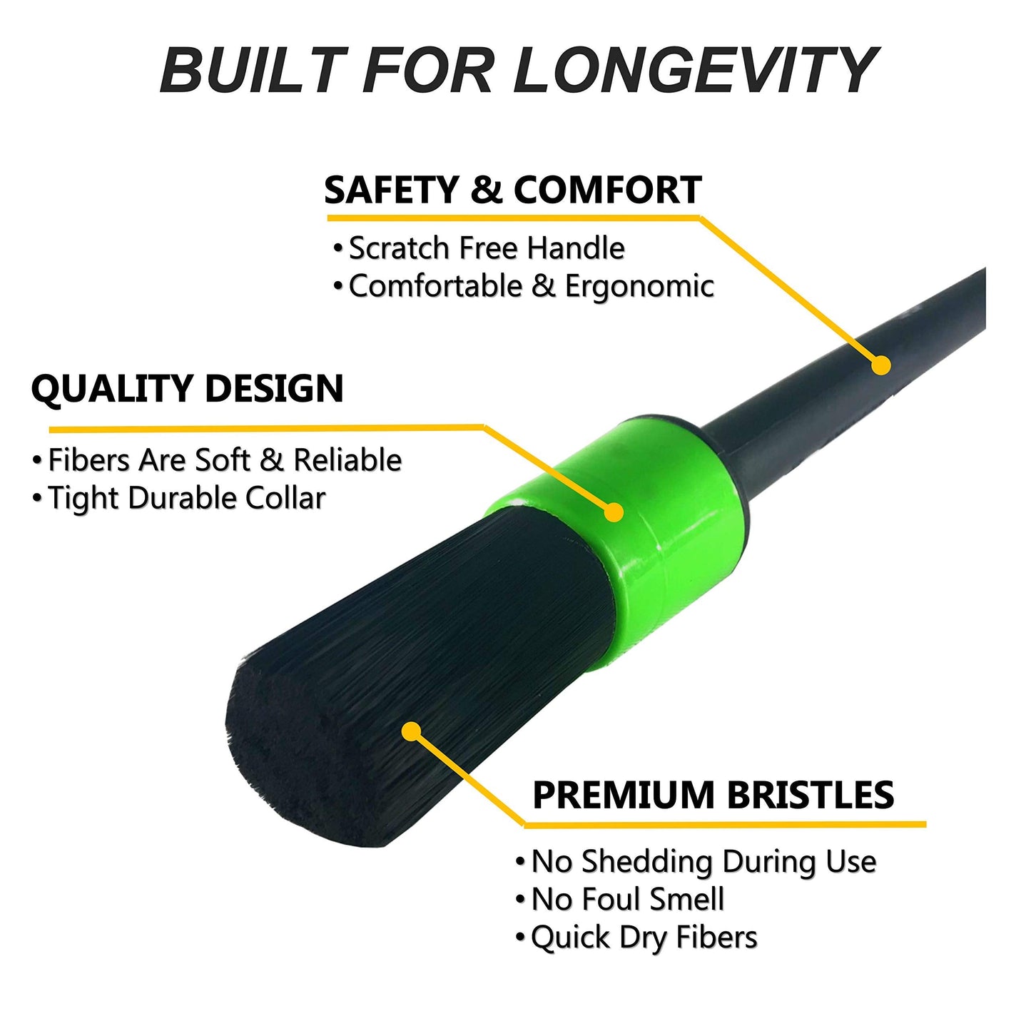 Detailshark Auto Detailing Brush Set (5) Best Car Detailing Brush Kit - Lug Nut/Leather/Wheel/Interior/Seat/Upholstery/Engine Washing - Reliable Brushes - Green