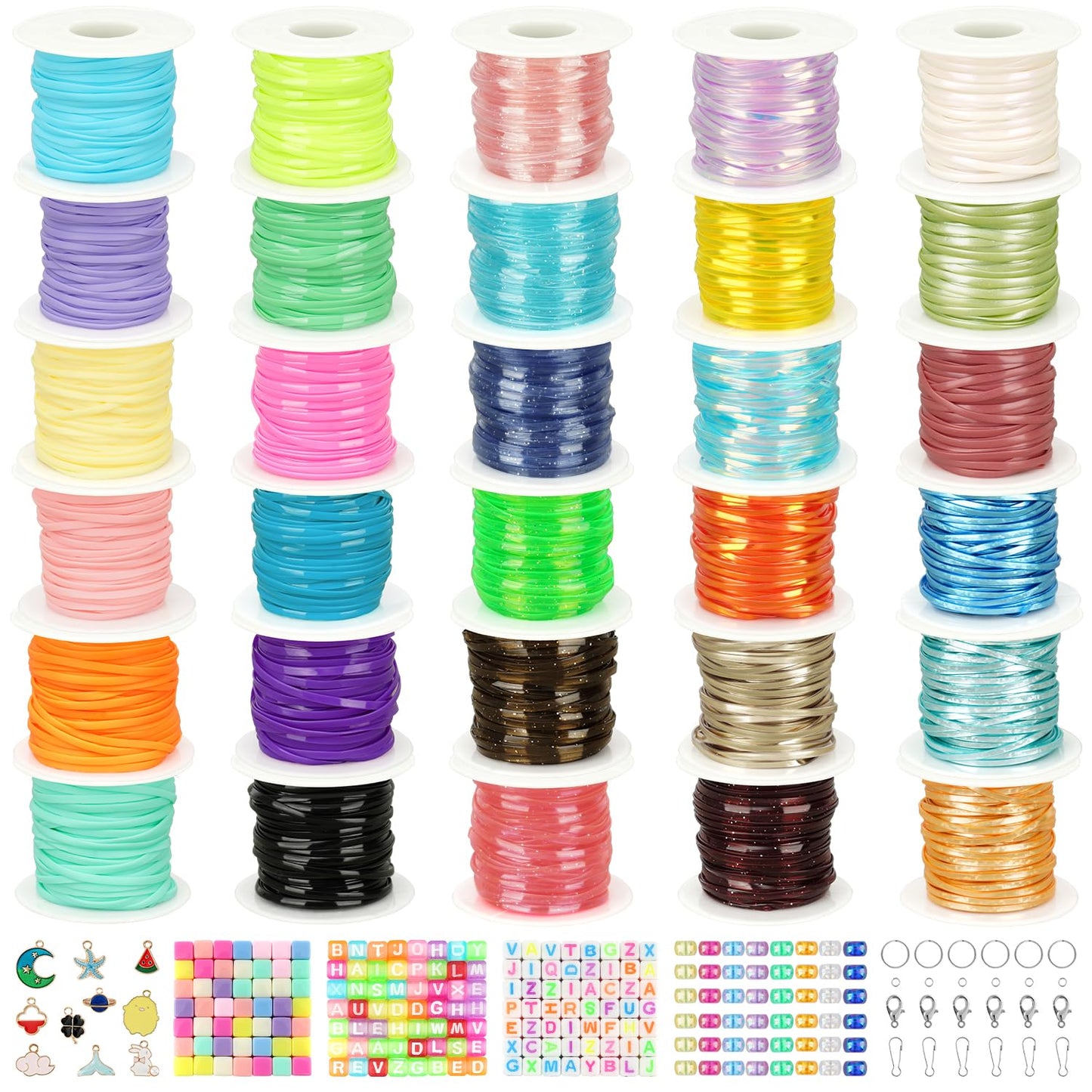 KAMJUNTAR Luminous Lanyard String,15 Rolls Gimp String Plastic Lacing Cord Plastic String Lanyard Kit for Friendship Bracelets Jewelry Making DIY Boondoggle Gimp String Kit