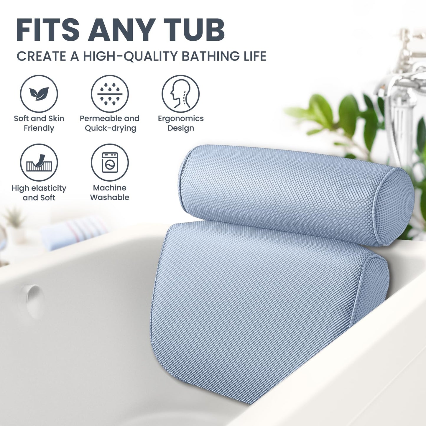 LuxStep Bath Pillow Bathtub Pillow with 6 Non-Slip Suction Cups,14.6x12.6 Inch, Extra Thick and Soft Air Mesh Pillow for Bath - Fits All Bathtub, Blue