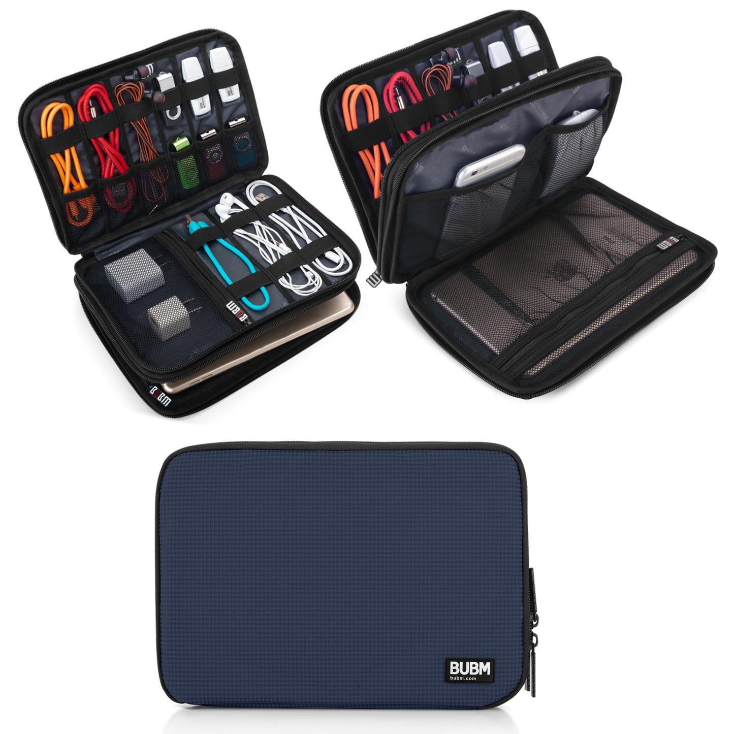 BUBM Double Layer Electronic Accessories Organizer, Travel Gadget Bag for Cables, USB Flash Drive, Plug and More, Perfect Size Fits for iPad Mini (Medium, Dark Blue)