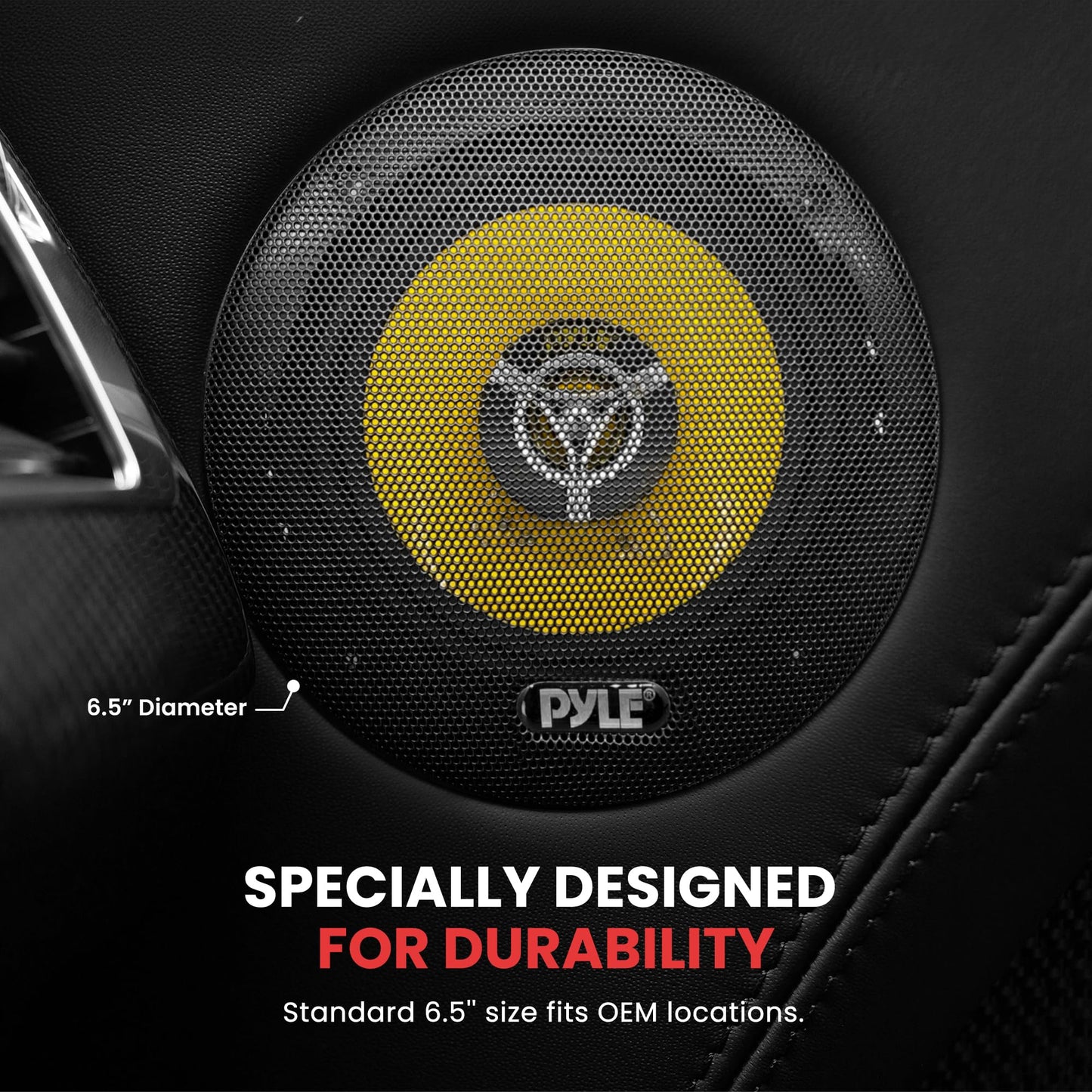 Pyle Car Three Way Speaker System - Pro 6.5 Inch 280 Watt 4 Ohm Mid Tweeter Component Audio Sound Speakers For Car Stereo w/ 40 Oz Magnet, 2.25” Mount Depth Fits Standard OEM - Pyle PLG6.3 (Pair),Yellow/Black