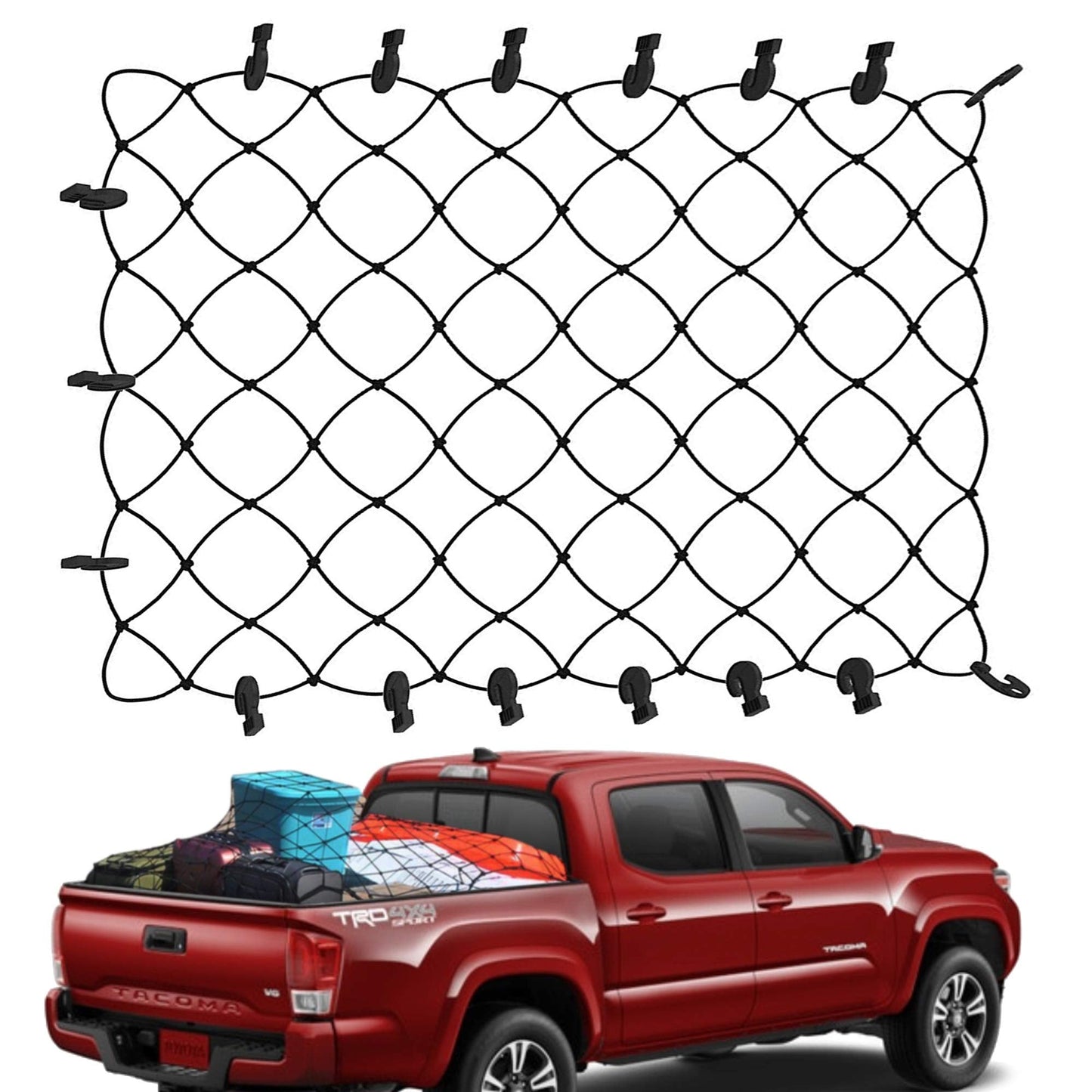 Upgraded Highly Elastic Cargo Net, USA Company, Simple Truck Bed Cargo Mesh Organizer, Suitable for Light Loads, Heavy Duty Carabiners, 4'x4'