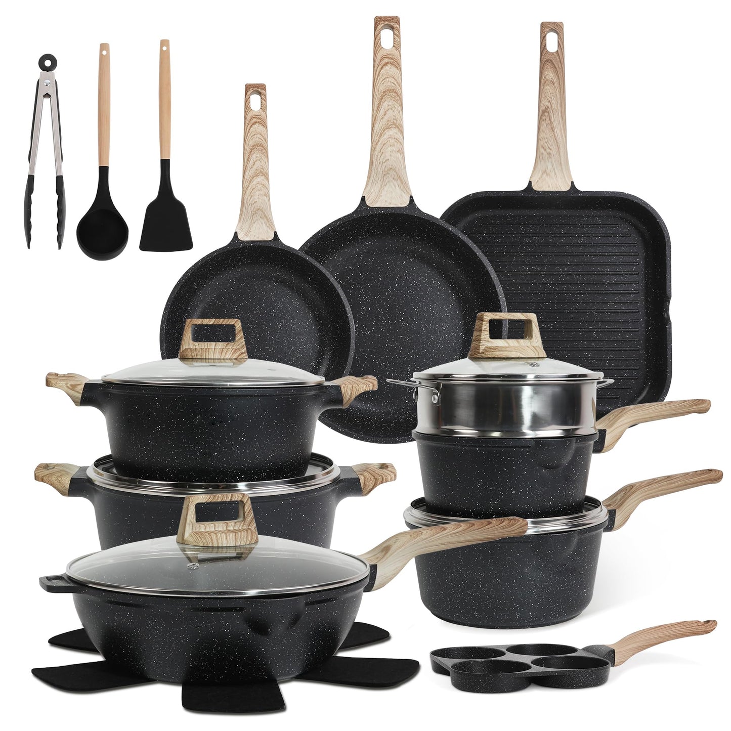 Cuisinluv 23Pcs Pots and Pans Set Non Stick, Kitchen Cookware Sets, Granite Stone Induction Cookware Non Stick Cooking Set w/Frying Pans, Saucepans, Sauté Pan, Griddle Pan, Egg Pan, Black