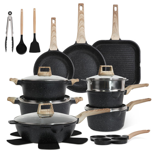 Cuisinluv 23Pcs Pots and Pans Set Non Stick, Kitchen Cookware Sets, Granite Stone Induction Cookware Non Stick Cooking Set w/Frying Pans, Saucepans, Sauté Pan, Griddle Pan, Egg Pan, Black