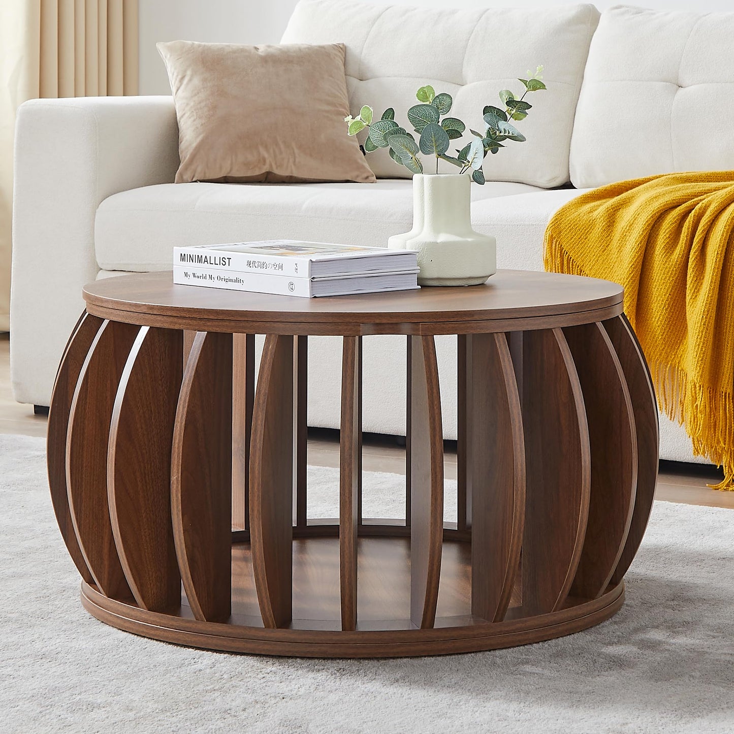 Bifins Drum Coffee Table with Storage,31.5” Wood Round Coffee Table,Farmhouse Pumpkin-Shaped Center Table for Living Room Home Office (Walnut)