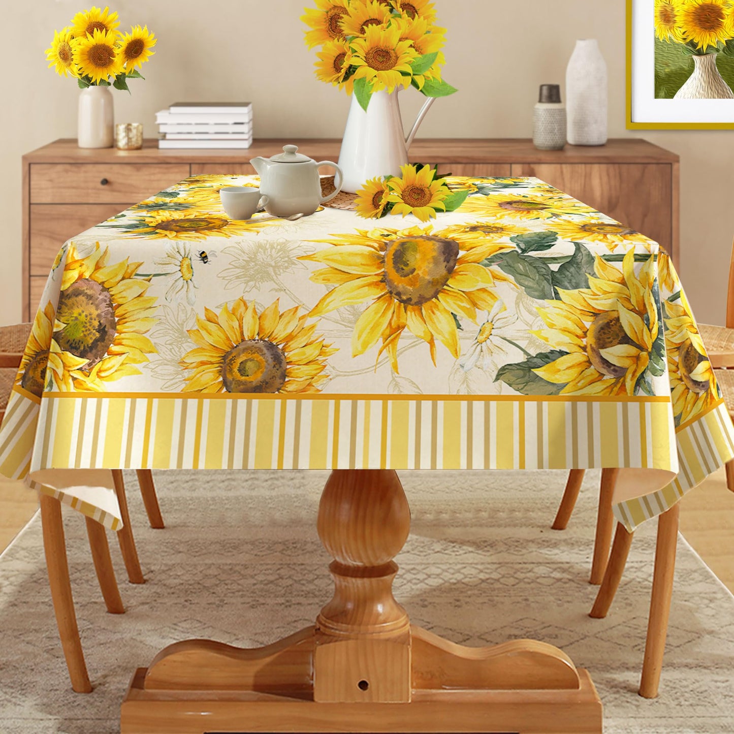 Hexagram Sunflower Tablecloth Rectangle 60x104 Inch Summer and Spring Yellow Floral Table Cloth Farmhouse Season for Home Kitchen Dining Party Decorations