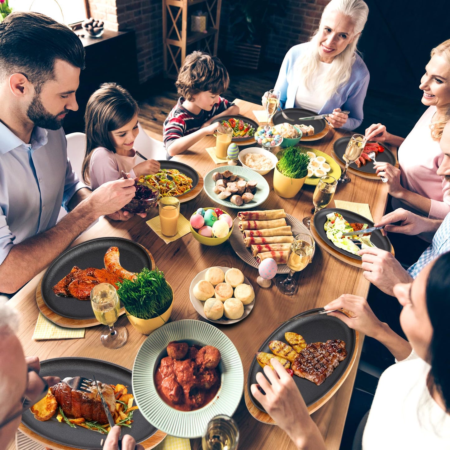 FoldTier 12 Sets Cast Iron Skillet Set 10.63'' x 6.89'' Fajita Plate Sizzling Pan with Wooden Base Anti Scald Protection Removable Handle for Restaurant Kitchen Cooking Accessory BBQ Party