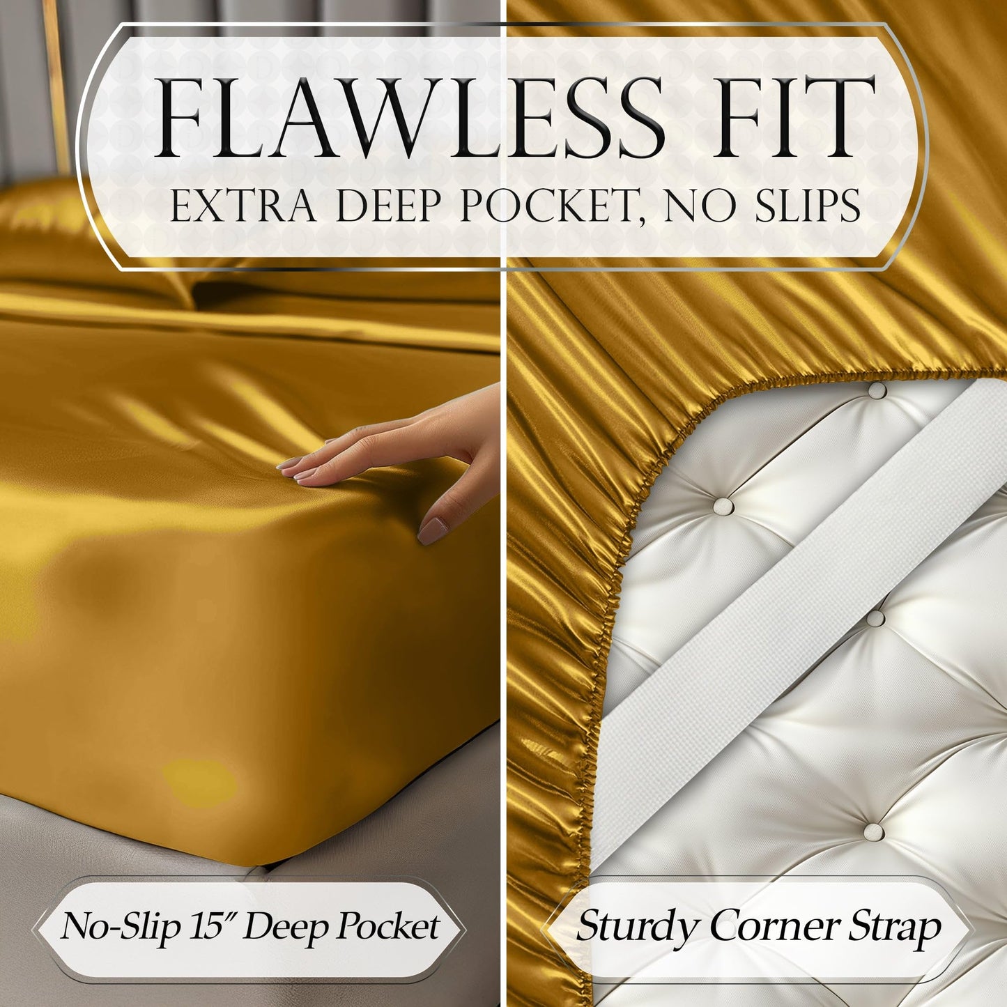 DECOLURE Satin Bed Sheets - 4 Piece Luxury Silky Queen Size Bedding Set - Softer Than Silk, Wrinkle-Free with 15” Deep Pocket Fitted Sheet, Perfect for Hair & Skin, Gifts for Women (Gold)