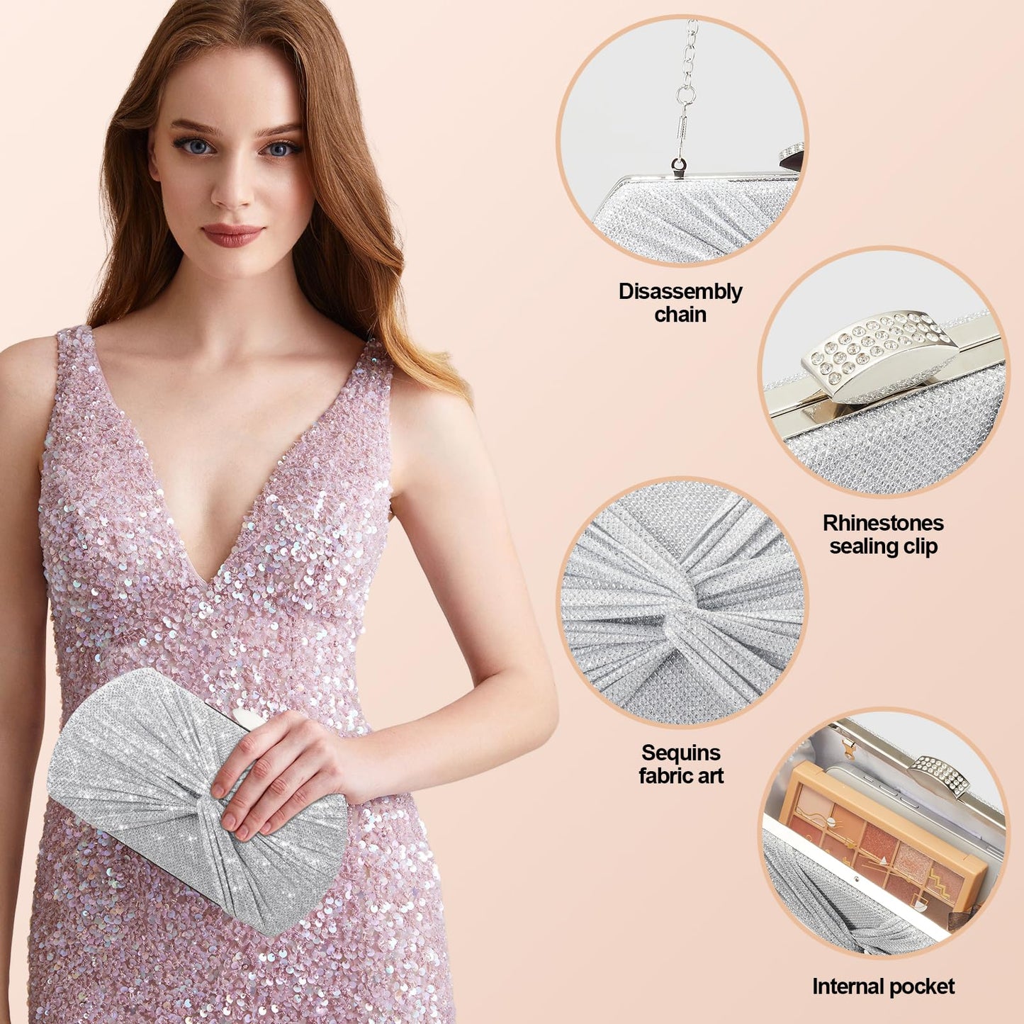 Suhatjia Clutch Purses for Women Wedding Evening Glitter Sparkly Handbags Party Purses for Women with Detachable Chain