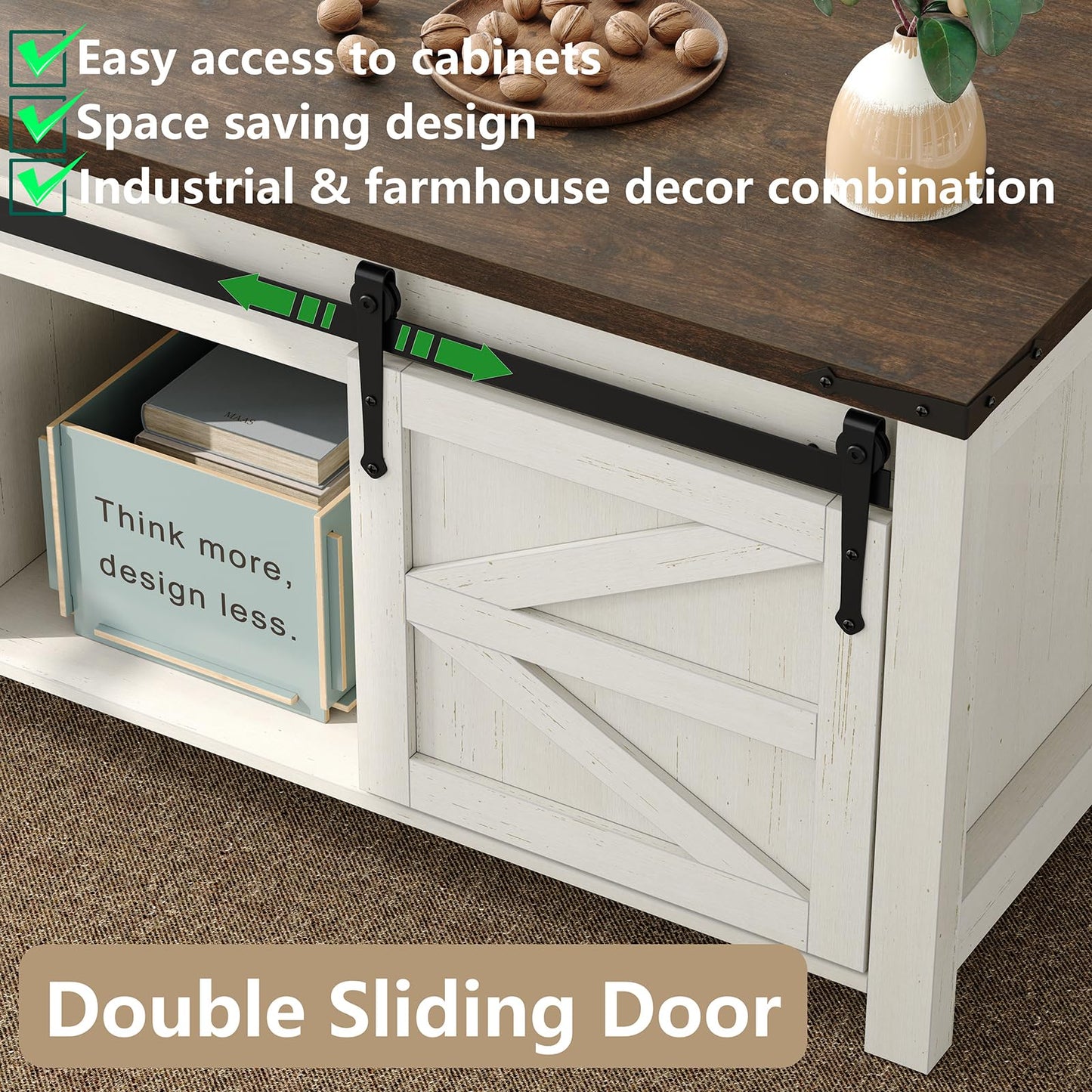 Furnihold 47.3'' Lift Top Coffee Table with Storage, Modern White Coffee Table with Sliding Barn Doors, Farmhouse & Rustic Rectangle Center Table for Living Room, Office, Brown Top