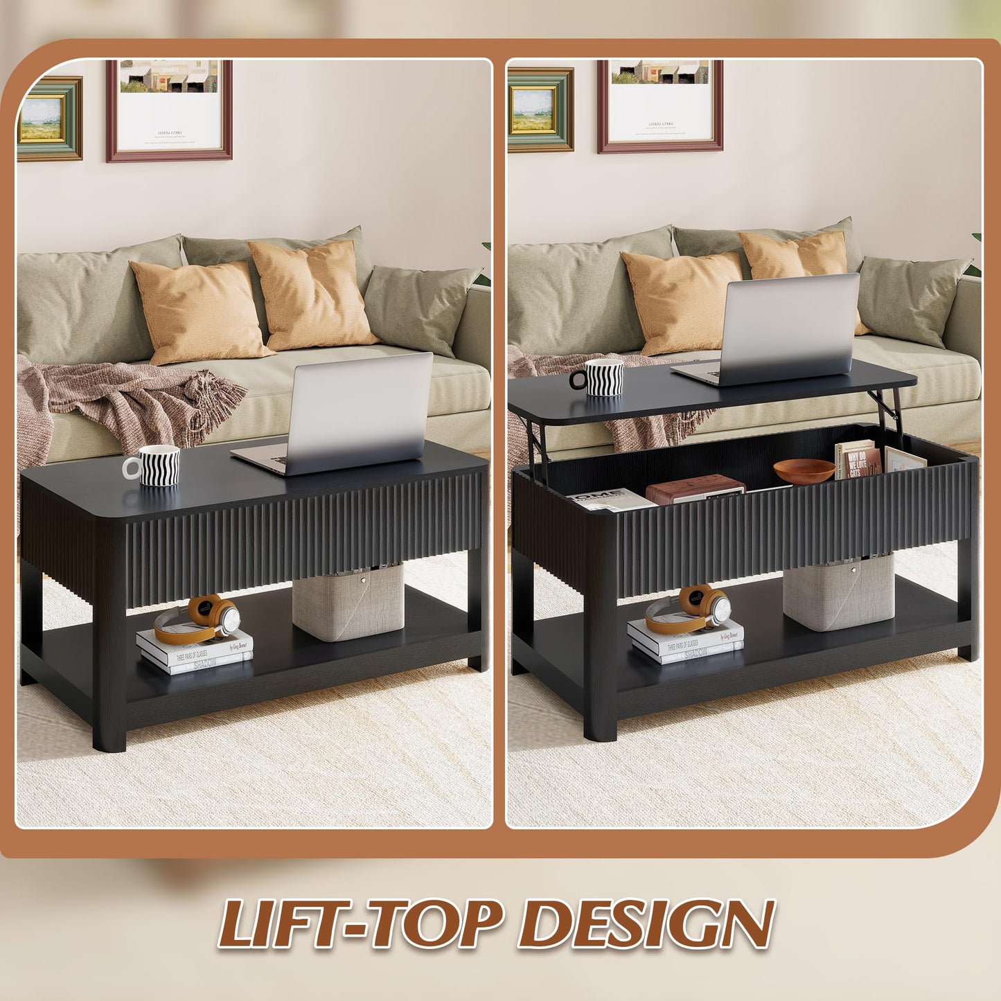 Nasonet Lift Top Coffee Table with Storage, Mid Century Modern Coffee Table with Hidden Compartment, Fluted Wood Center Table for Small Space, Living Room, Home Office(Black)