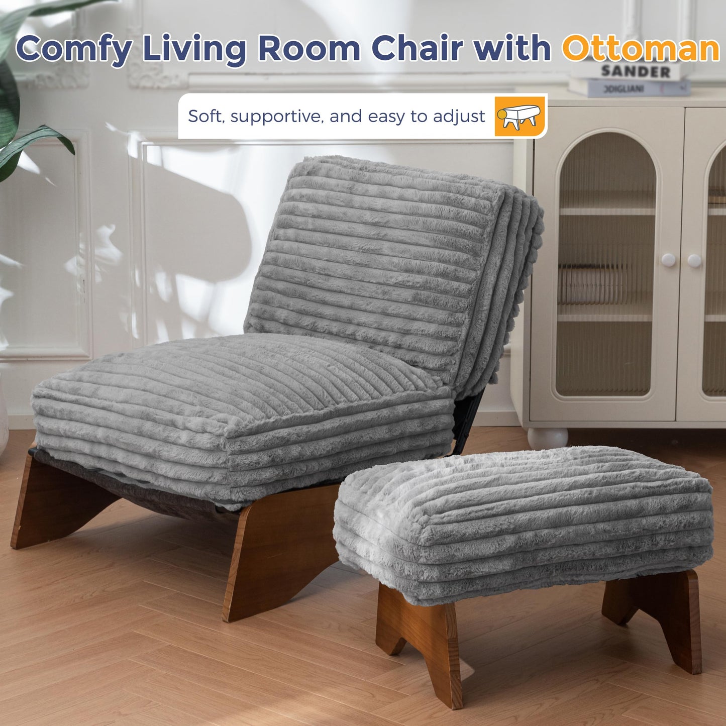 MAXYOYO Modern Adjustable Accent Chair with Ottoman, Upholstered Living Room Chair with Footrest Set, Soft Reclining Lounge for Bedroom, Apartment, Office, Grey