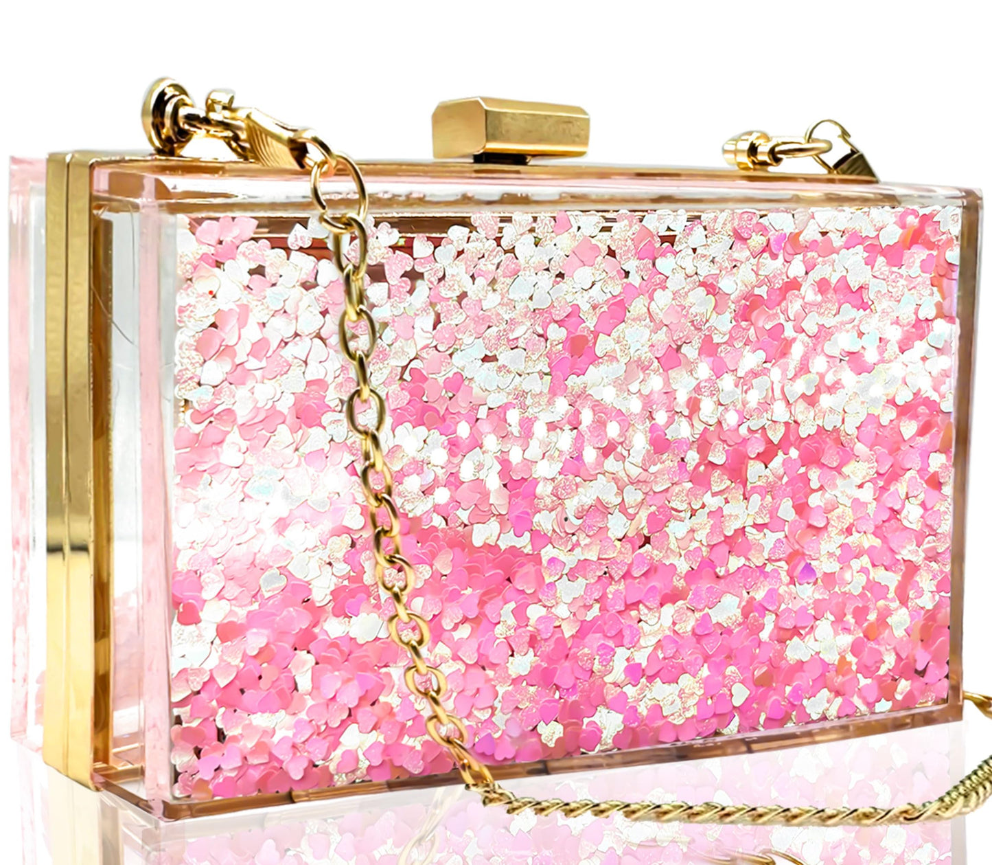 JeVenis Womens Transparent Sequins Chain Clutch Evening Handbag Party Cross-body Purse (Love Pink)