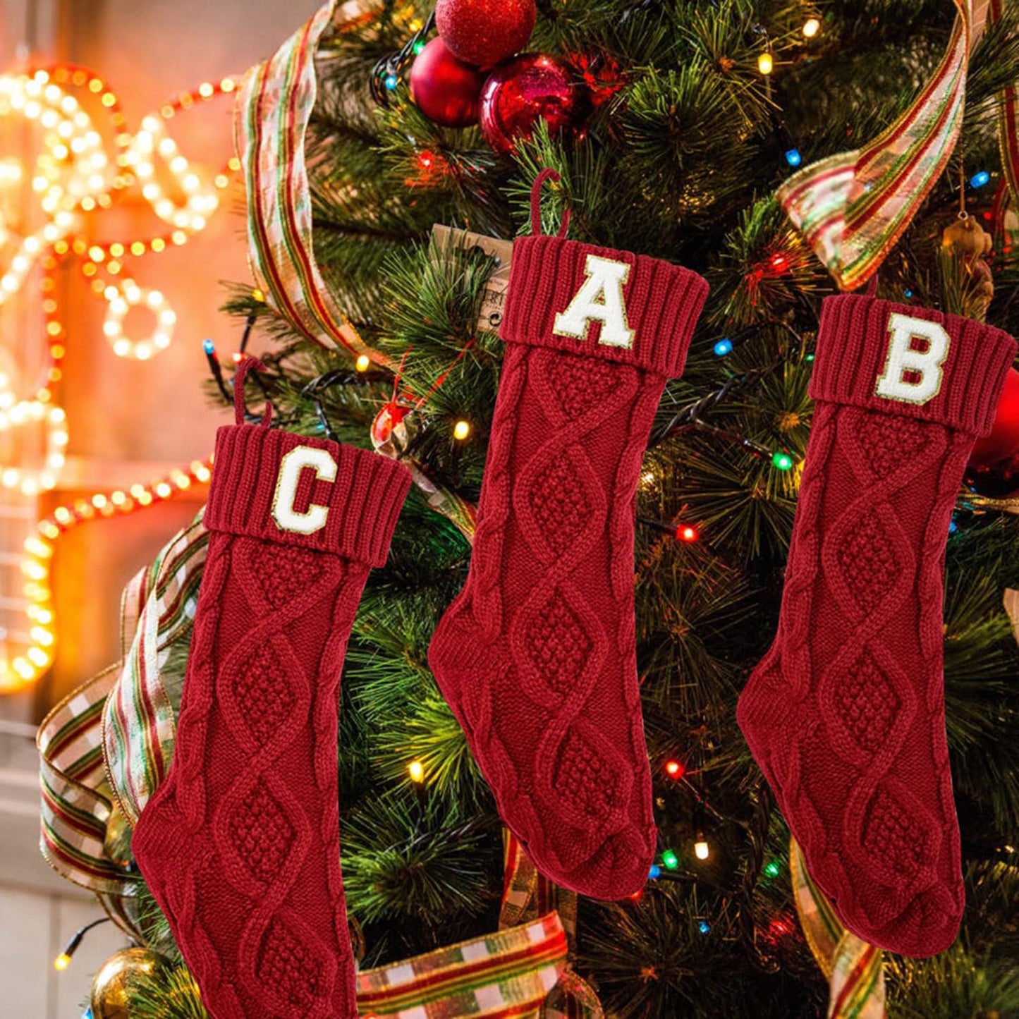 TETOU Monogram Christmas Stockings with Initials Letter 18" Stockings for Christmas Party Decoration (Red K)