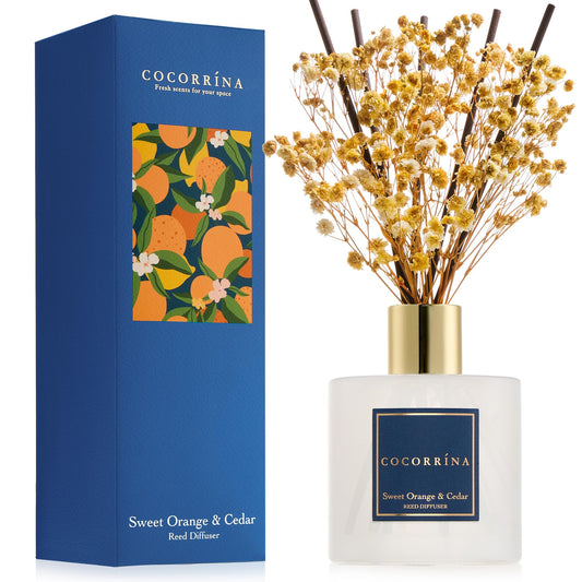COCORRÍNA Reed Diffuser - Sweet Orange & Cedar 6.7 Fl.oz Reed Diffuser Set with Sticks & Preserved Baby's Breath, Reed Diffuser for Home Bathroom Shelf Decor