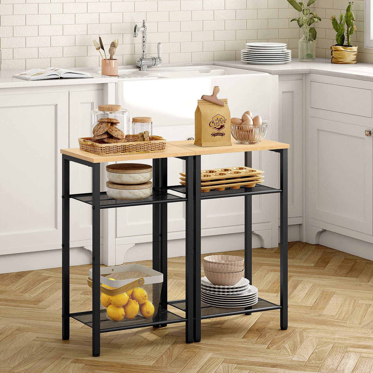 Hoctieon 2-Set 3 Tier End Table, Telephone Table Set of 2, Tall Side Table with Storage Set of 2, Small Nightstand for Small Spaces, Metal Frame, Black+Yellow Oak