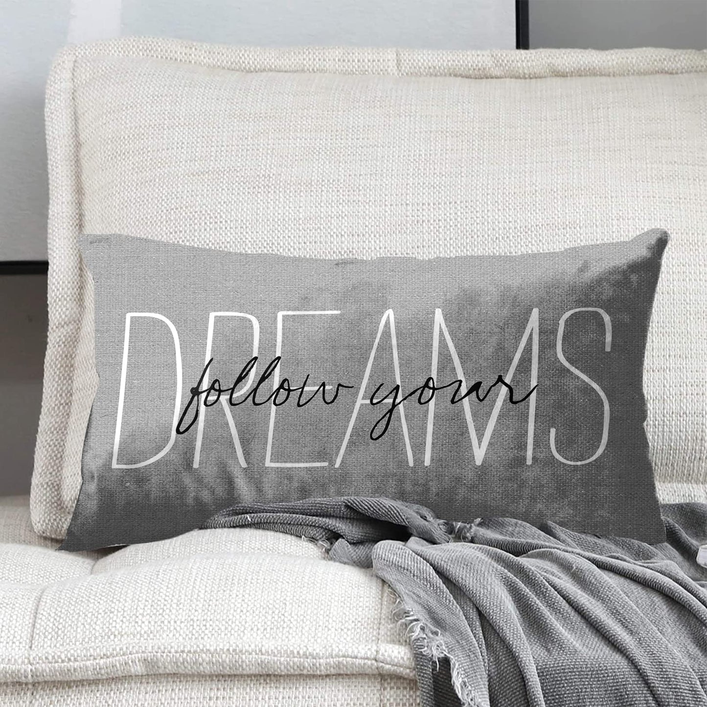Emvency Throw Pillow Cover Rustic Gray Follow Your Dreams Decorative Pillow Case Monogram Home Bed Decor Rectangle Queen Size 20x30 Inch Cushion Pillowcase
