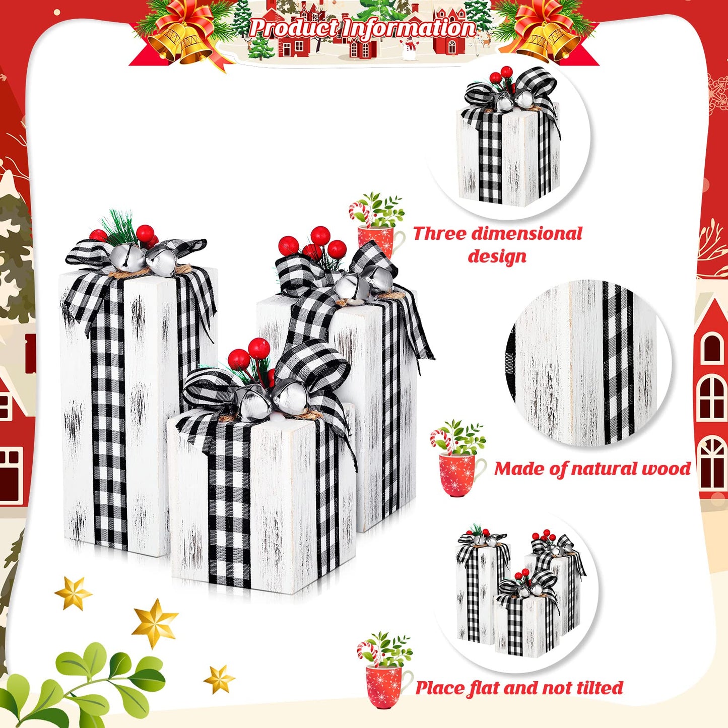 Amyhill 3 Pcs Christmas Wooden Gifts Box Decor Christmas Plaid Presents Table Centerpieces Rustic Wooden Gifts Tiered Tray Decor with Buffalo Plaid Bowknot for Xmas Party(White,Classic)