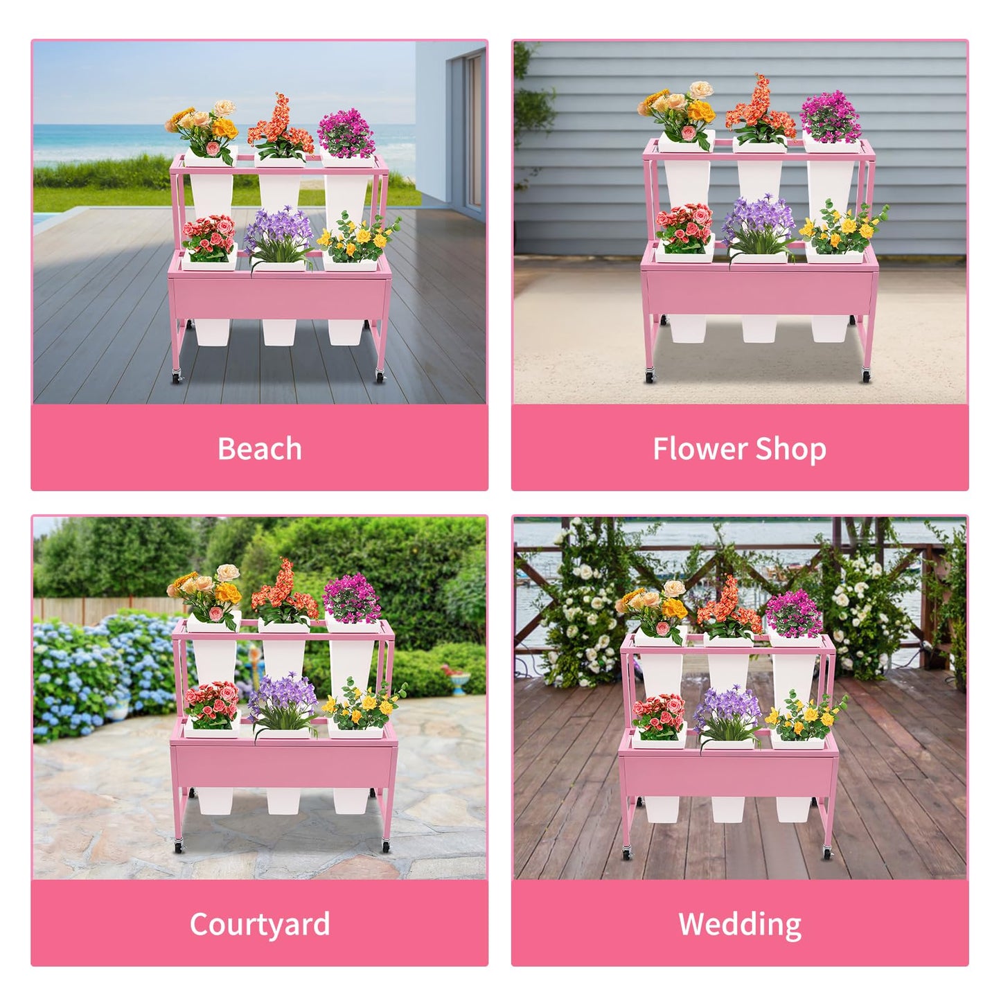 BAIODNB Flower Display Stand with 6PCS Buckets,2 Layers Metal Plant Stand With Wheels Plant Cart, Moving Florist Bouquet Shelf Flower Rack for Indoor, Outdoor Patio Garden, Living Room (Pinl+White)