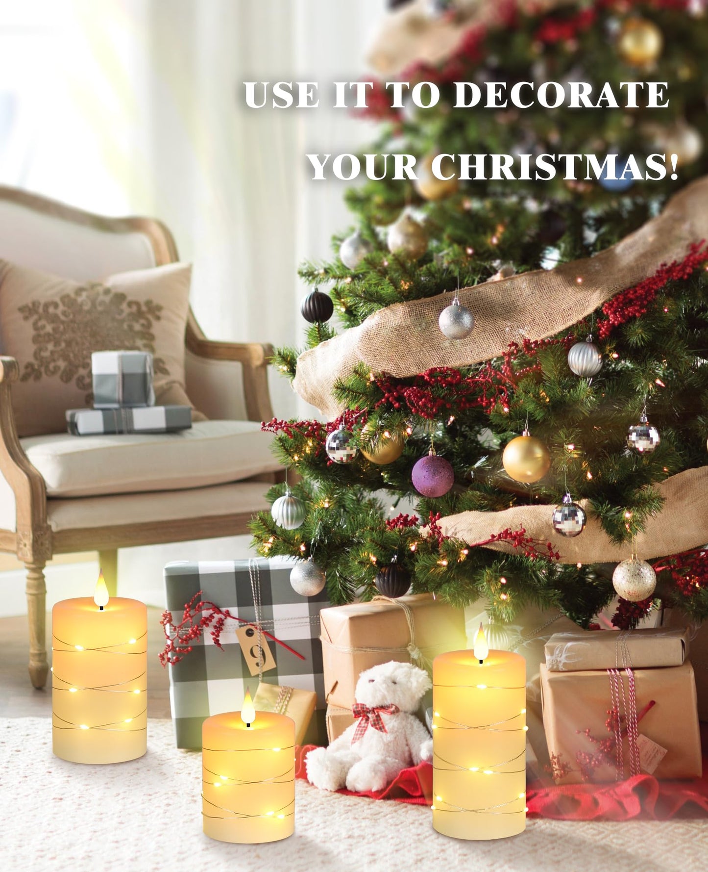 Da by Flameless Candles with String Lights，Battery Operated Candles,LED Flickering Candles with Remote Control and Timer, Real Wax, 3 Pack-Ivory