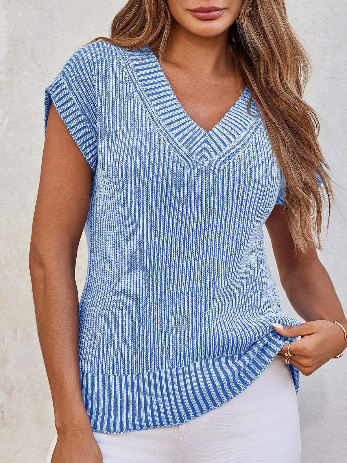 Saodimallsu Womens V Neck Short Sleeve Sweater Summer Lightweight Cap Sleeve Casual Loose Knit Pullover Tank Tops Blue