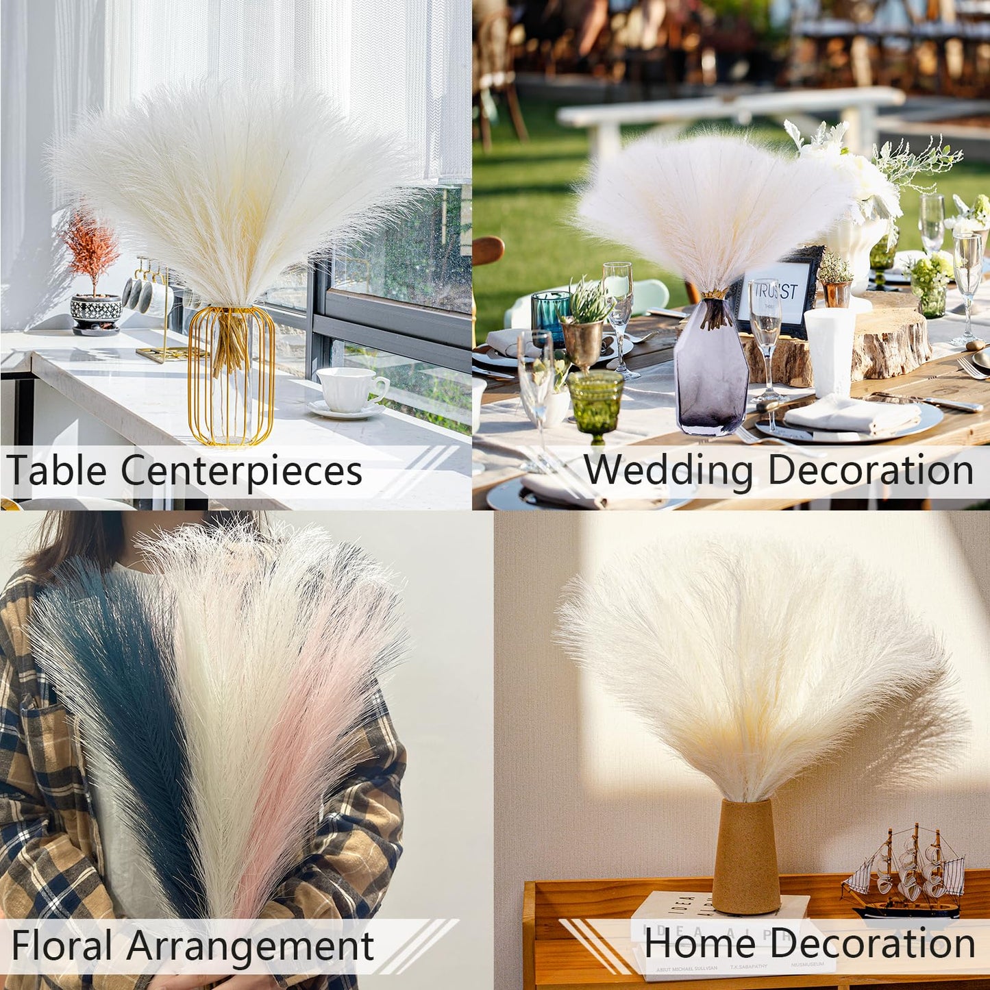 Bnecnet 10 Stems White Pampas Grass Fluffy - 17.7" Faux Pampas Grass Decor Small Fluffy Pompas Floral Arrangement and Vase Filler for Boho Home Wedding Mothers Day Decoration