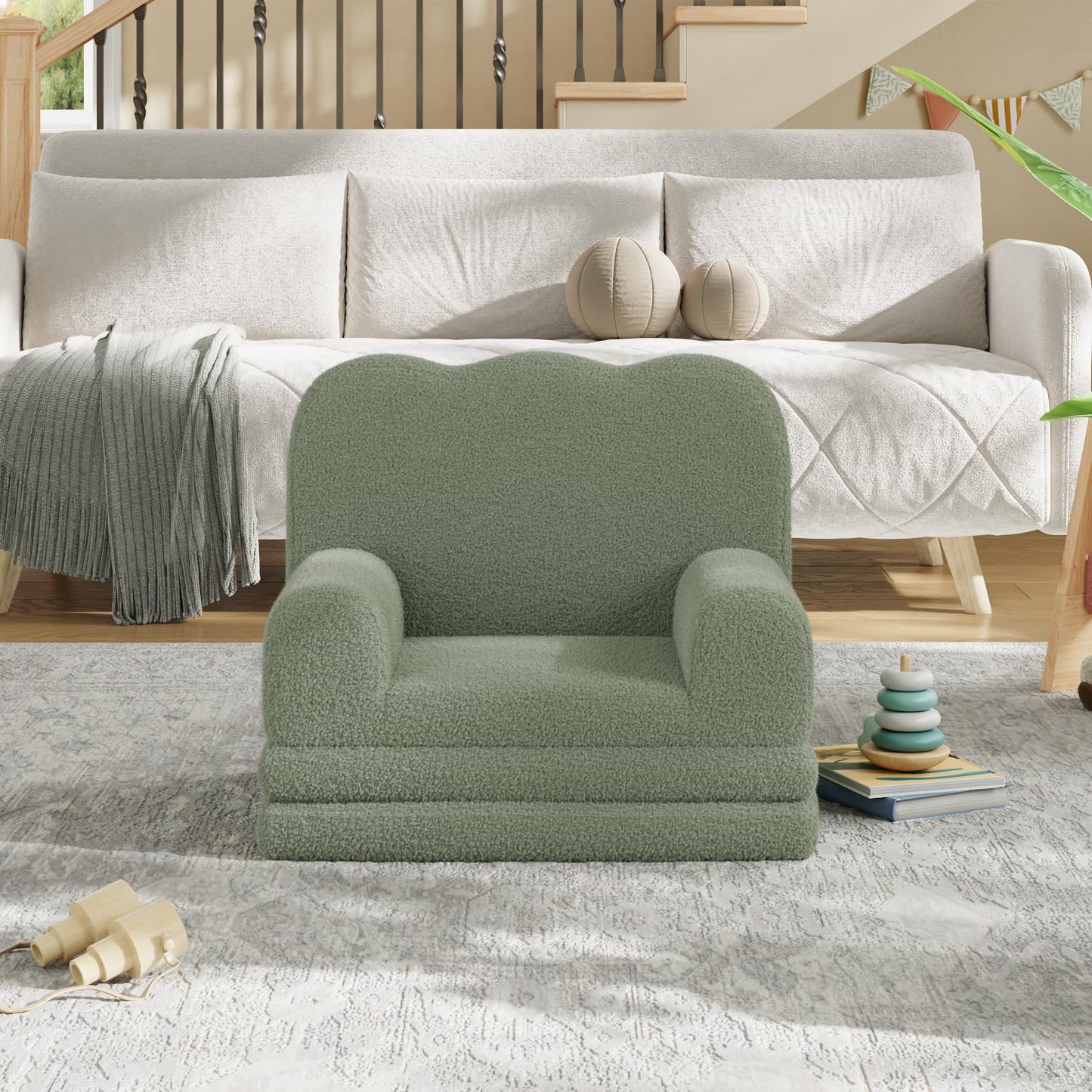 GarveeHome Kids Couch, 2-in-1 Comfy Toddler Couch Fold Out, Convertible Sofa to Lounger with Cute Wave Design, Foam Kids Chair with Soft Sherpa, Gift for Girls and Boys (Green Wavy)