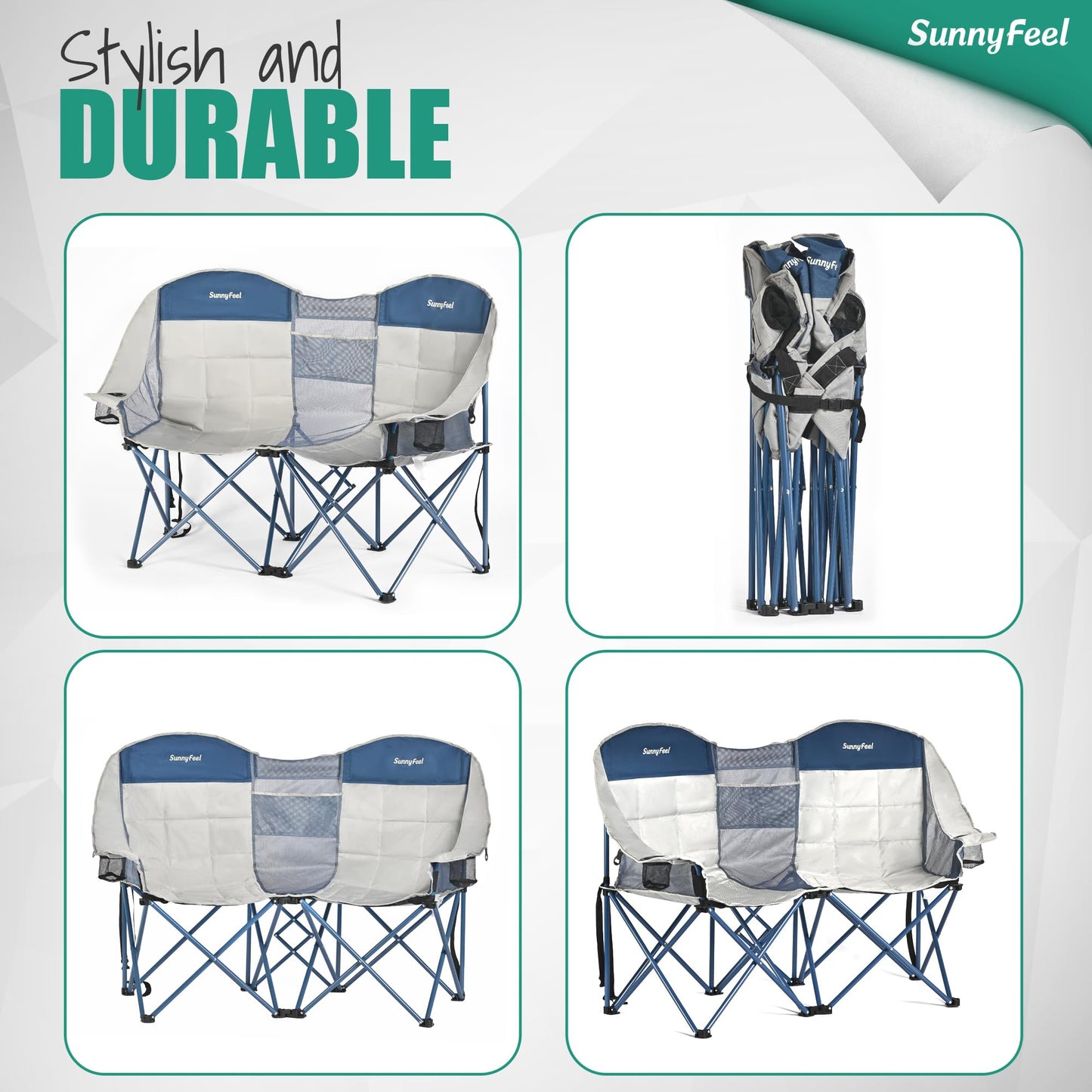 SUNNYFEEL Double Camping Chair, Portable Folding Loveseat with Cup Holders, Heavy Duty Steel Frame, Gray