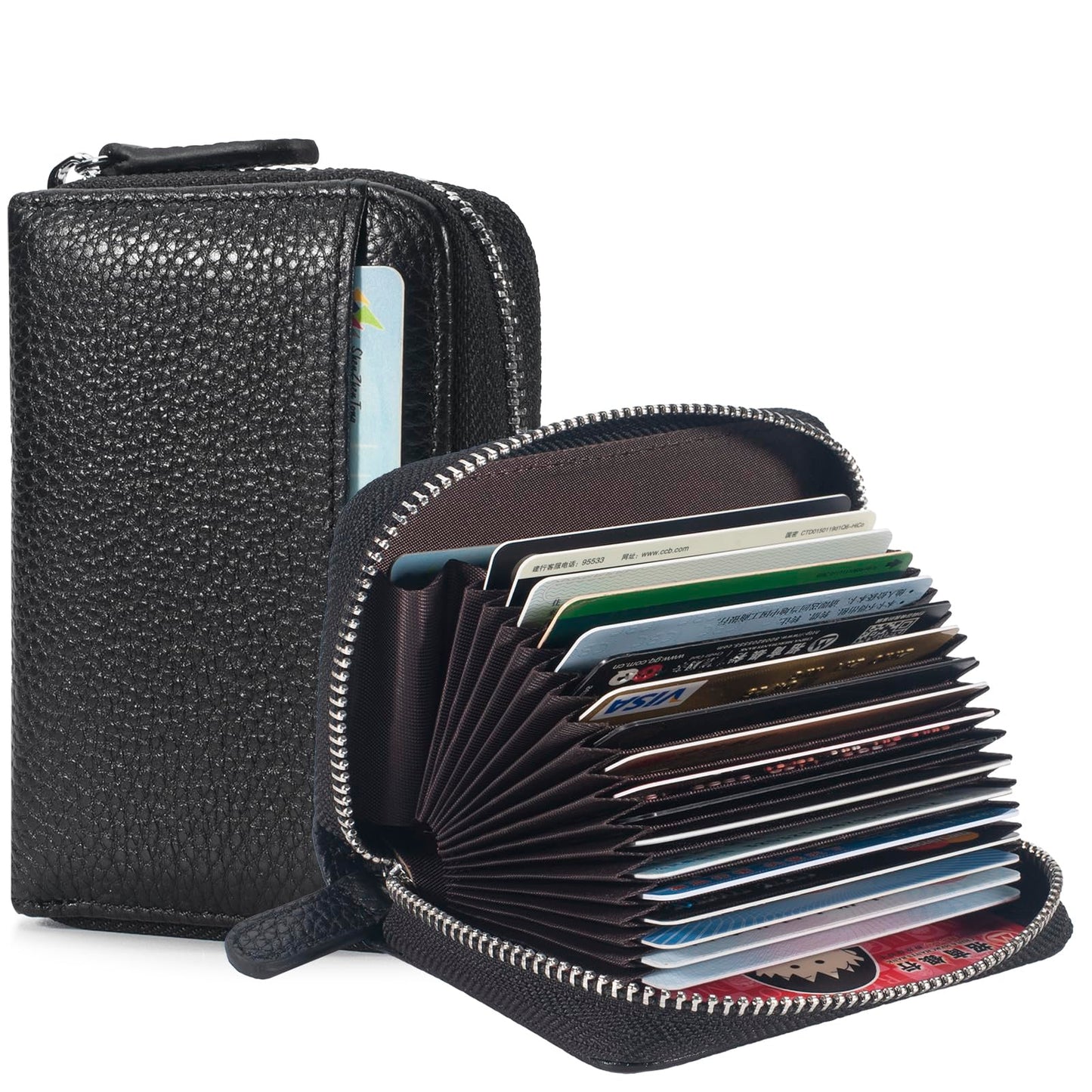 GHGMAO Credit Card Holder Accordion Wallet for Women Small Genuine Leather Wallets Ladies RFID Blocking Card Cases Holder Card Organizer Security Travel Wallet with Zipper