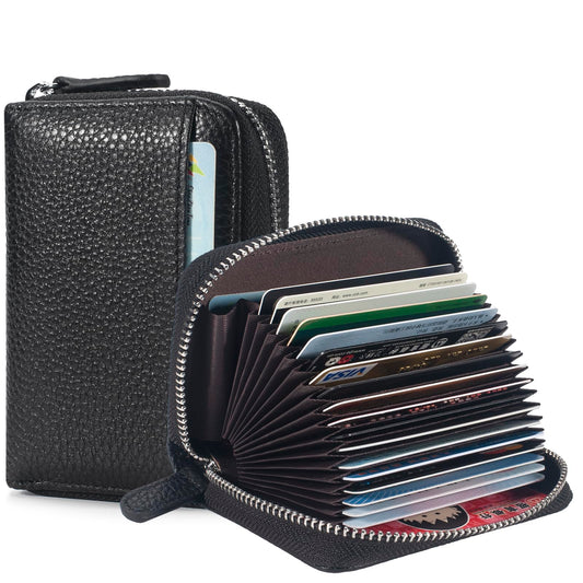 GHGMAO Credit Card Holder Accordion Wallet for Women Small Genuine Leather Wallets Ladies RFID Blocking Card Cases Holder Card Organizer Security Travel Wallet with Zipper