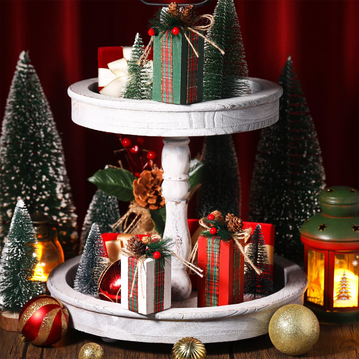 Glenmal 3 Pcs Christmas Table Centerpieces Christmas Table Decor Faux Present Wooden Blocks with Buffalo Plaid Bowknot Rustic Decoration for Holiday Xmas Tree Tiered Tray(White, Green and Red)