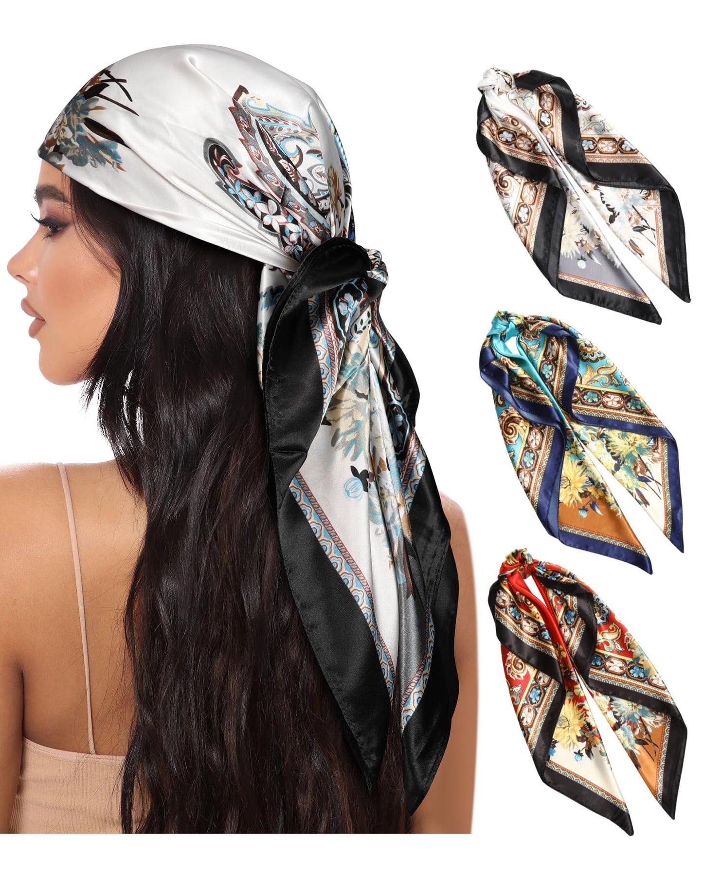 AWAYTR 35” Large Square Satin Head Scarf - 3Pcs Satin Hair Scarves Silk Bandana Scarf Headscarf Silk Feeling Scarf for Women