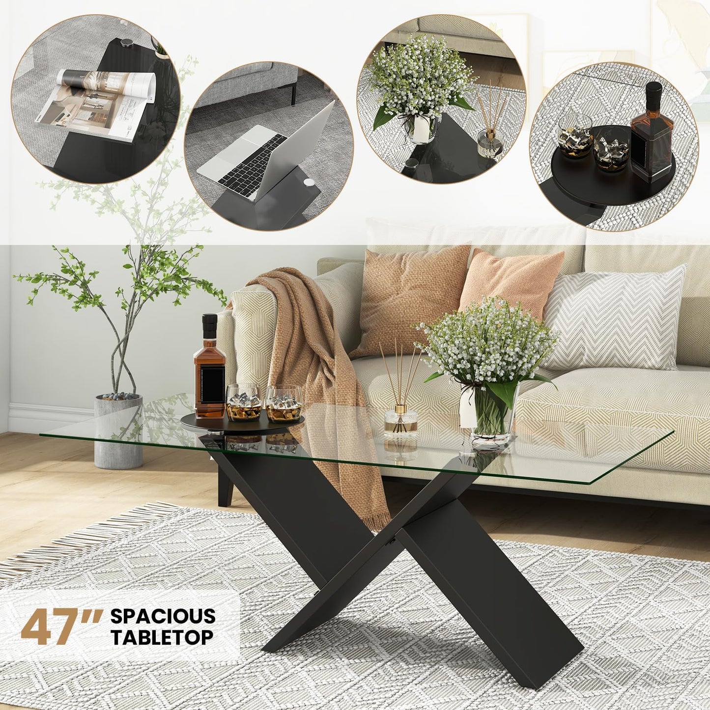 Tangkula Rectangle Glass Coffee Table, 47” Modern Center Table with Tempered Glass Tabletop & Geometric Rubber Wood Frame, Versatile Accent Table for Living Room (Black)