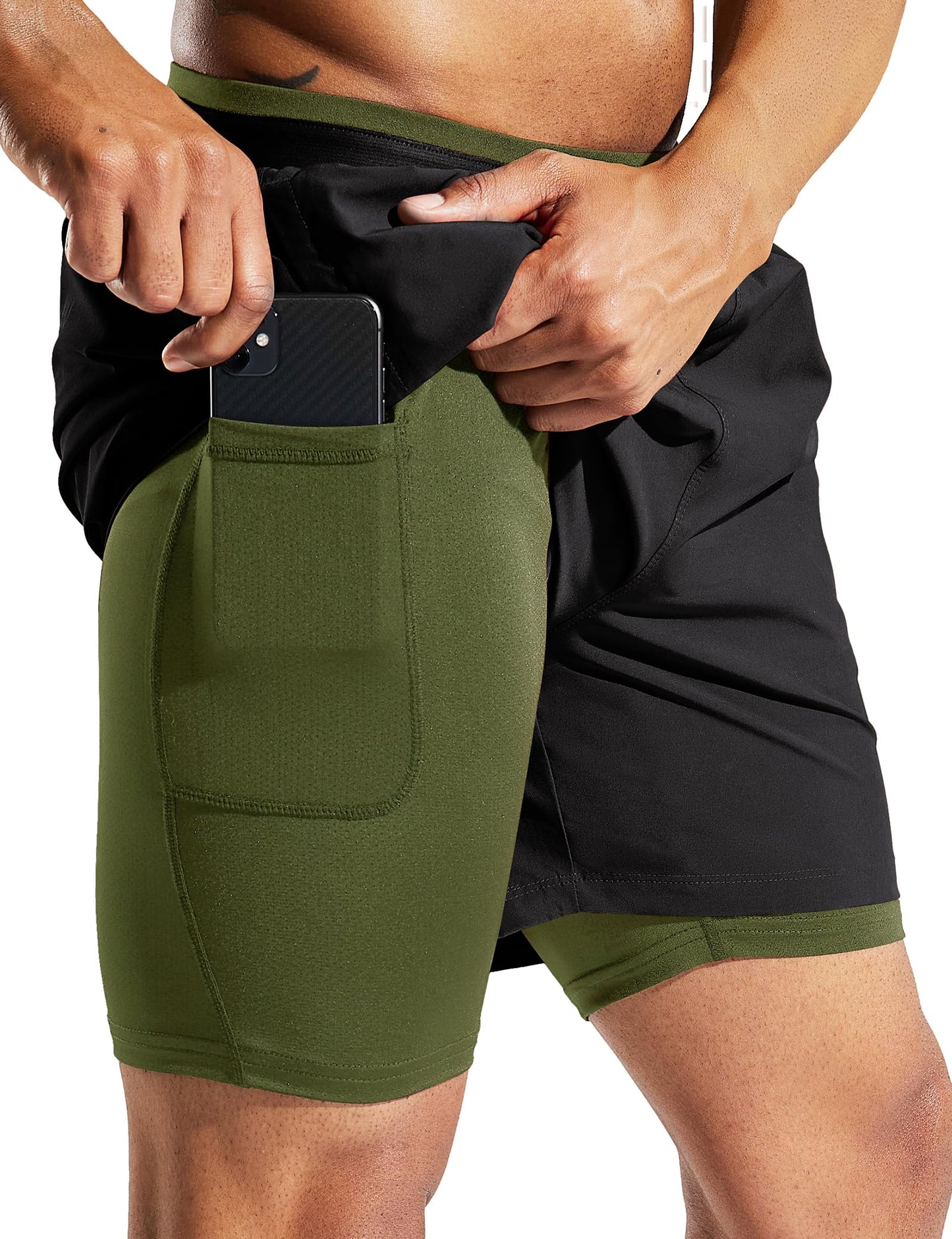 MIER 2 in 1 Athletic Running Shorts Men 5 Inch Inseam Workout Training Shorts with Liner Pockets, Black/Army Green, X-Small