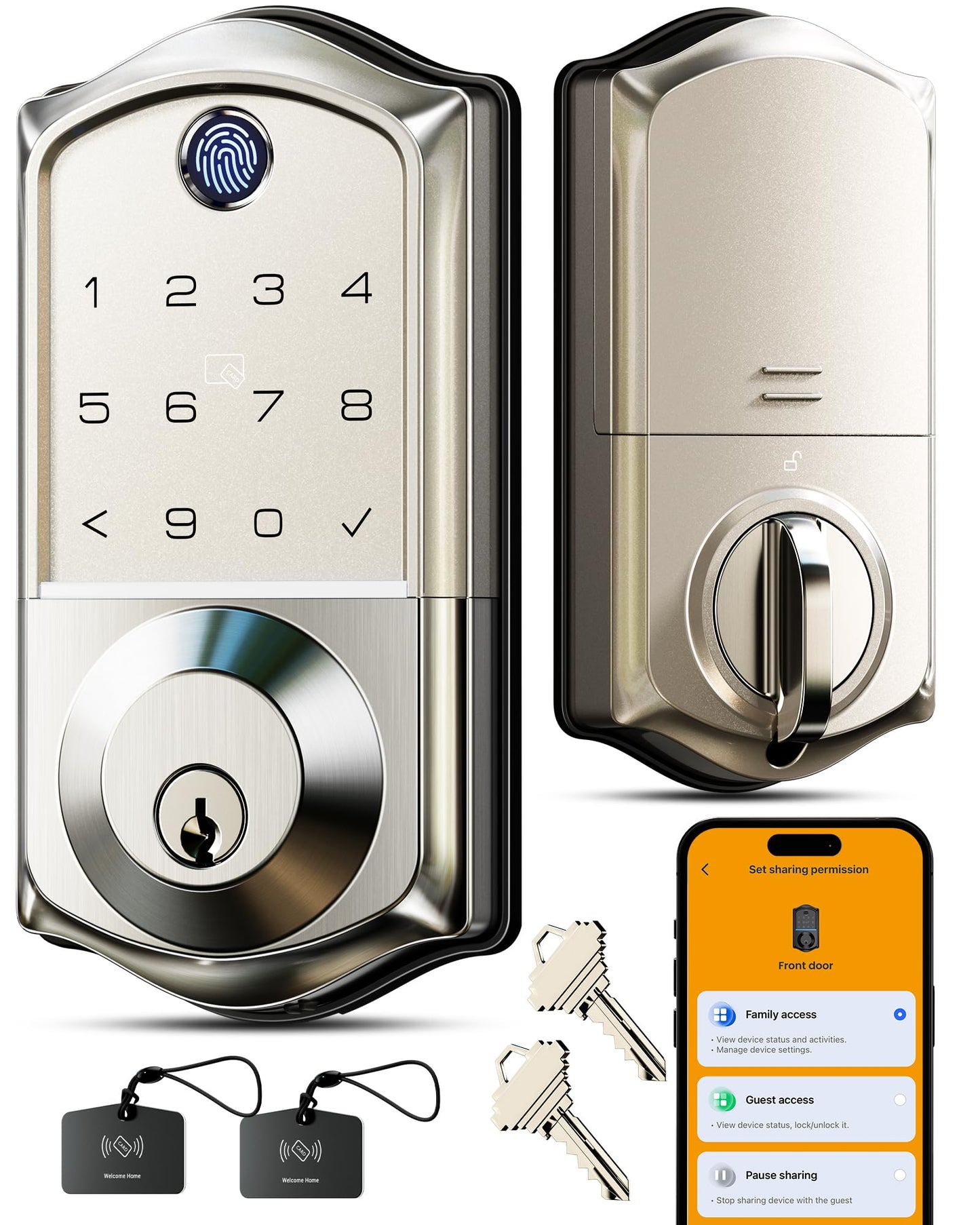 Veise VE017 Fingerprint Smart Door Lock, App Control, 7-in-1 Keyless Entry, Auto Lock, Emergency Power Port, Electronic Touchscreen Keypad, Biometric Smart Locks for Front Door, Satin Nickel