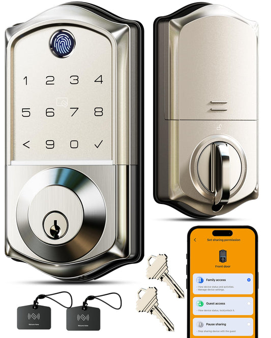 Veise VE017 Fingerprint Smart Door Lock, App Control, 7-in-1 Keyless Entry, Auto Lock, Emergency Power Port, Electronic Touchscreen Keypad, Biometric Smart Locks for Front Door, Satin Nickel