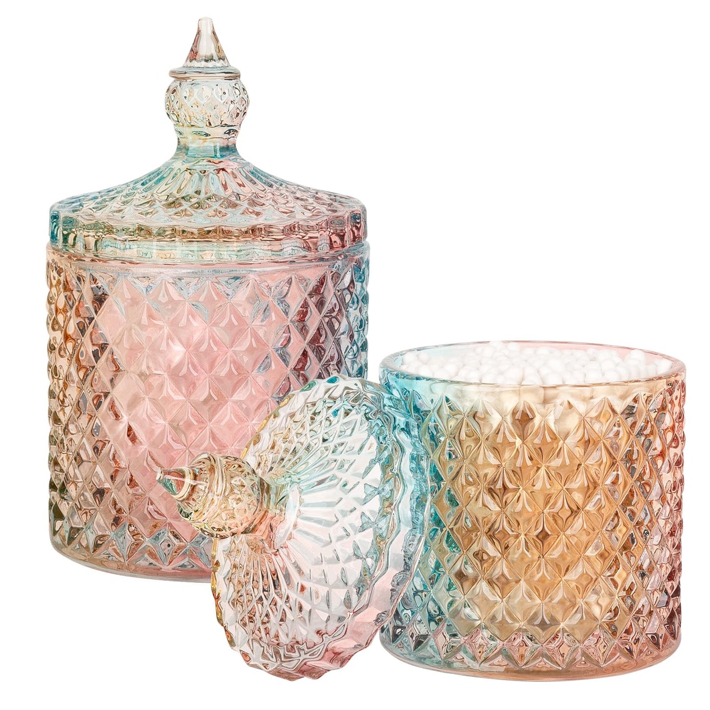 2 Pack Qtip Holder Thick Glass Apothecary Jars with Lid for Bathroom Decor Storage Organizer for Cotton Swabs, Balls, Pads, Floss Picks, Candy, Jewelry, Clear