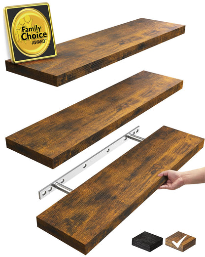 BAYKA Floating Shelves for Wall, Wall Mounted Rustic Wood Shelves for Bathroom, Bedroom, Living Room, Kitchen, Hanging Shelf for Books/Storage/Room Decor with 22lbs Capacity (Black, Set of 3, 15.7in)