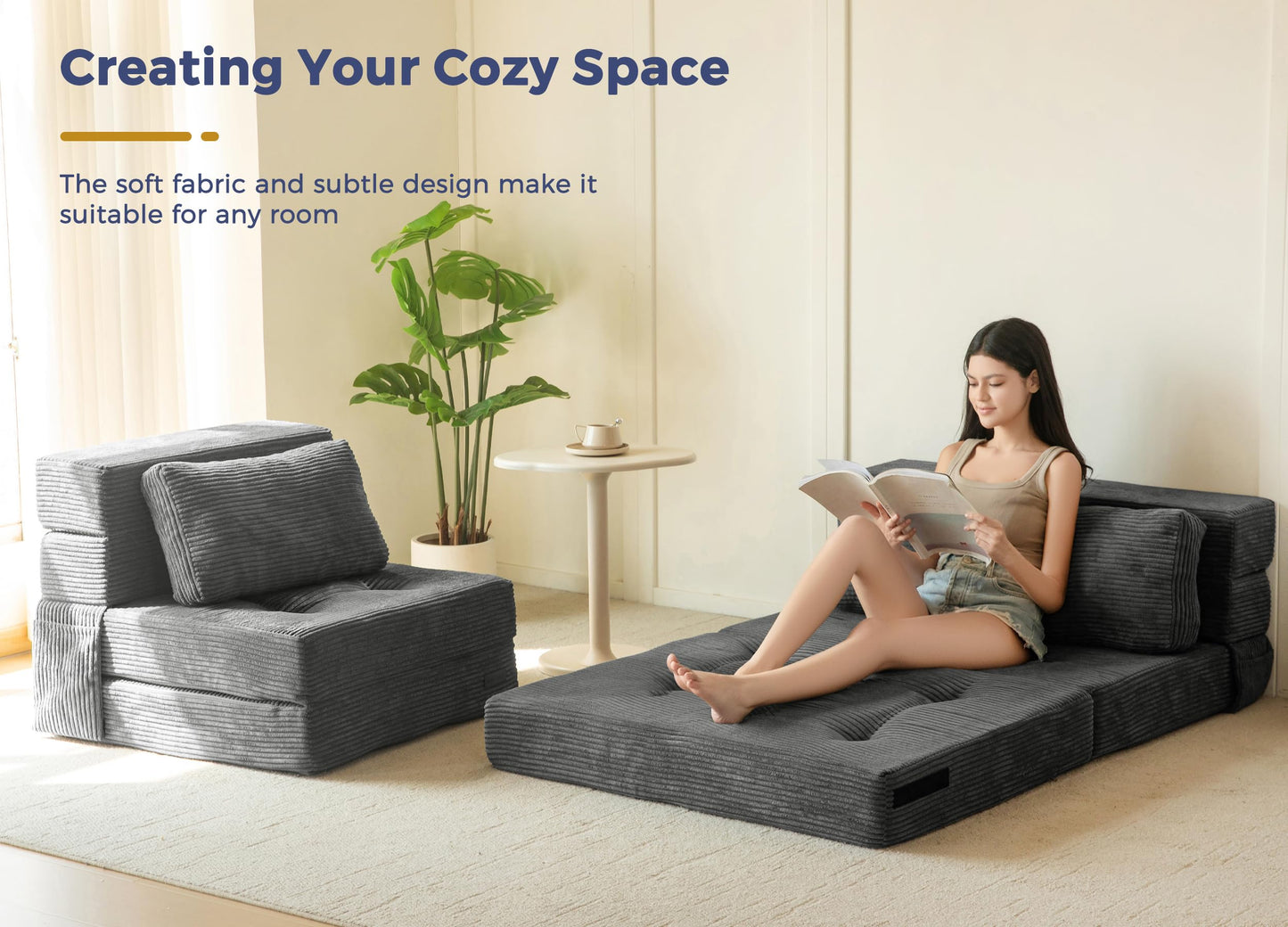 MAXYOYO Convertible Sofa Bed, Fold Out Loveseat Sleeper Sofa with Pillow, 4 in 1 Tufted Folding Couch Bed Foam Floor Couch, Lazy Chair for Living Room Bedroom Guest Room, Dark Grey