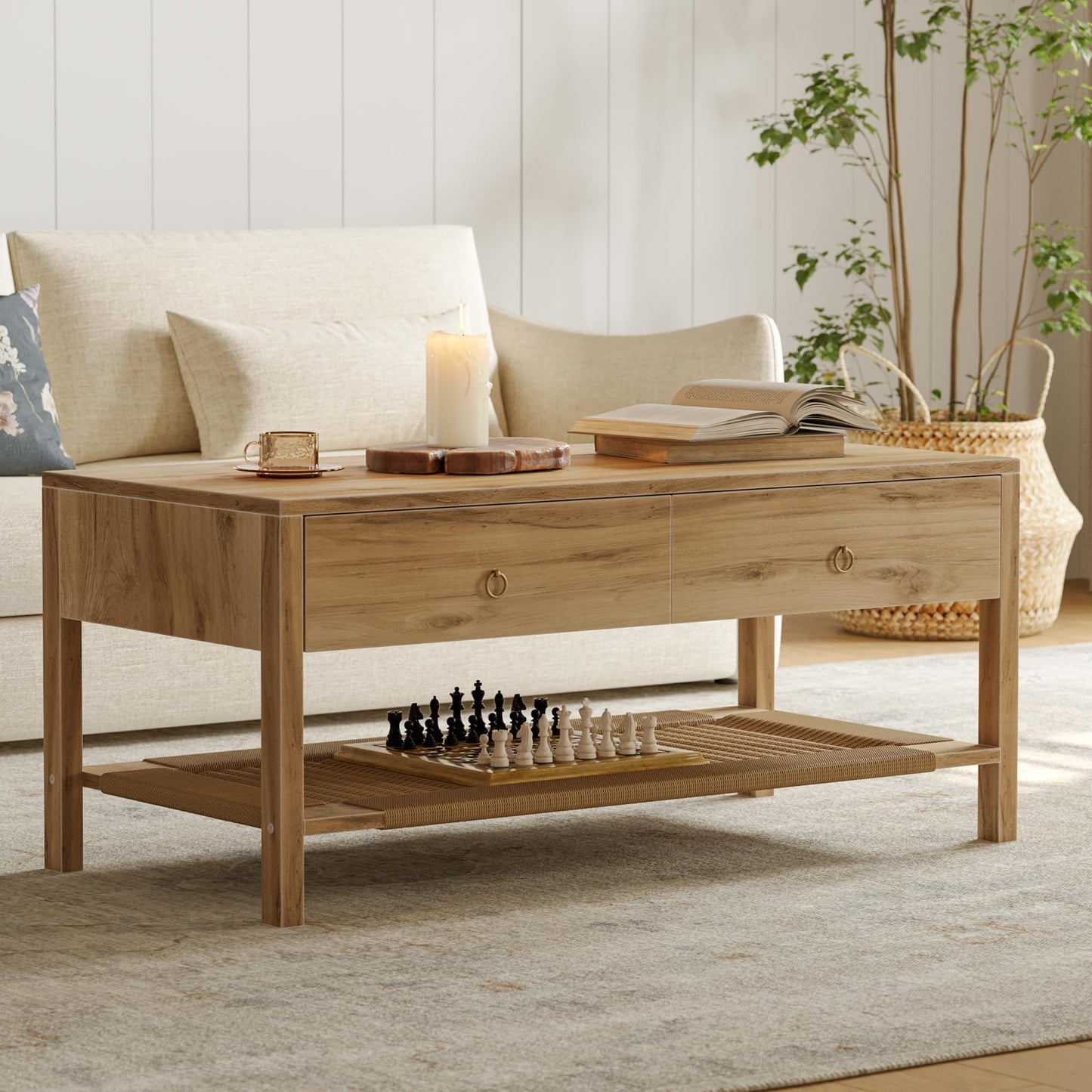 Dowinx Boho Coffee Table with Storage, 42" Wood Coffee Table for Living Room, 2 Storage Drawers and Open Rattan Shelf, Rectangular Living Room Coffee Tables Oak