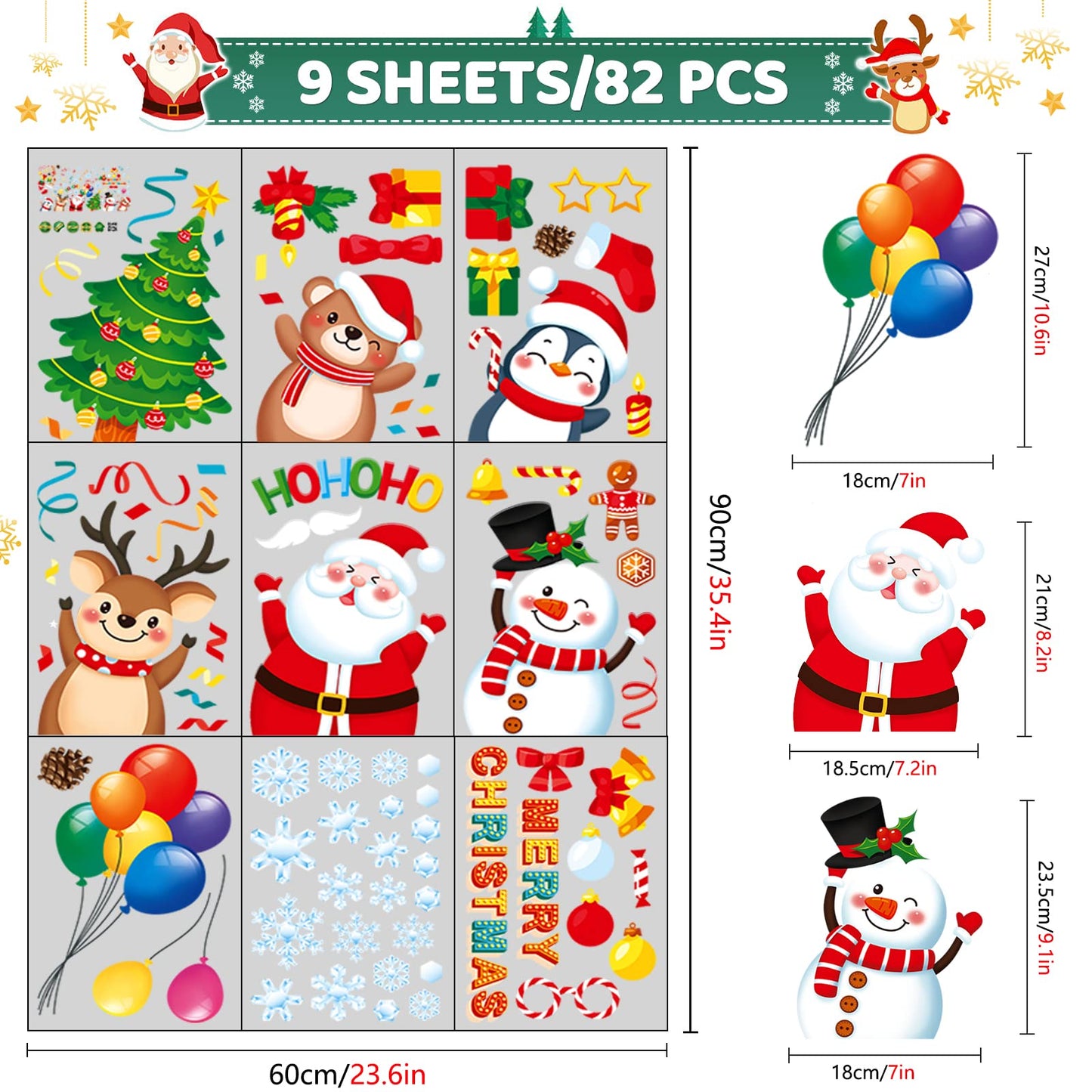 Christmas Window Clings 9 Sheets Christmas Window Stickers Santa Snowman Reindeer Xmas Snowflake Merry Christmas Window Clings, Double-Side Window Decals for Party Decorations Home School Glass