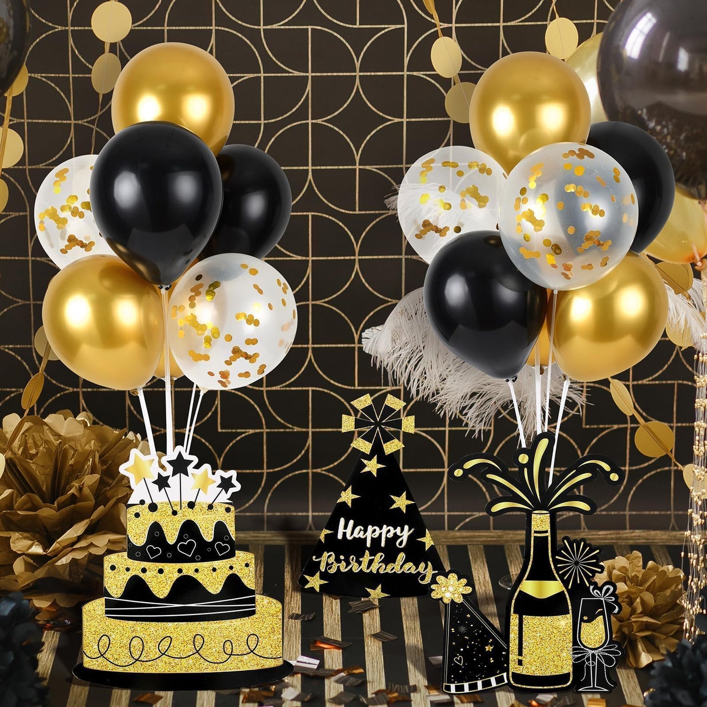 6 Sets Balloon Stand Kit for Table Happy Birthday Black Gold Balloon Centerpiece Decor Black and Gold Balloon Stand Kit for 40th 50th 60th 70th Birthday Party Decoration