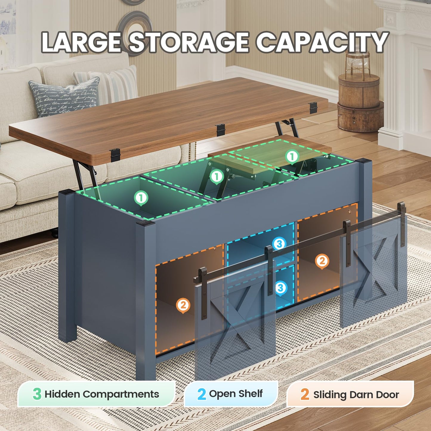 SEDETA Lift Top Coffee Table, 4 in 1 Multi-Function Convertible Coffee Tables with Storage and Hidden Compartment, Farmhouse Coffee Table Converts to Dining Table for Living Room, Blue